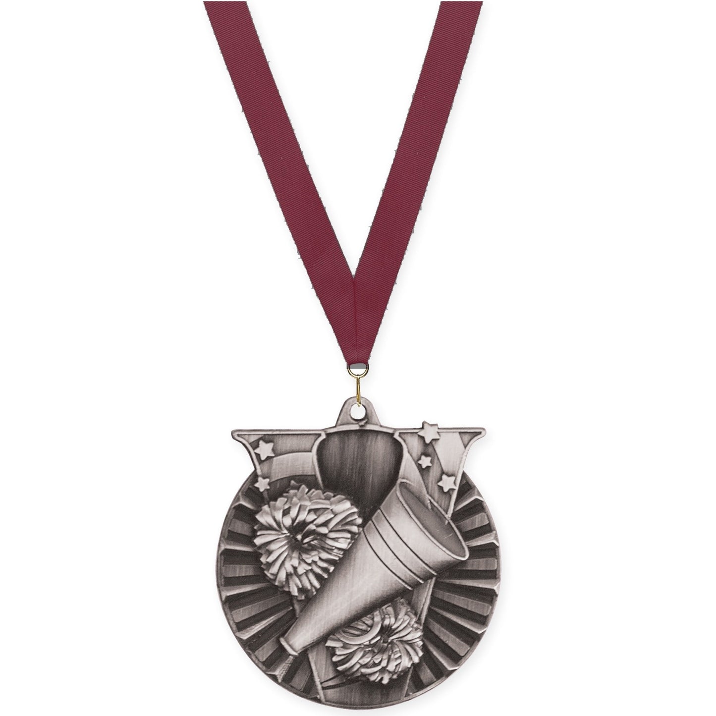 2 inch cheerleading Victory medal in antique silver with Maroon neck ribbon