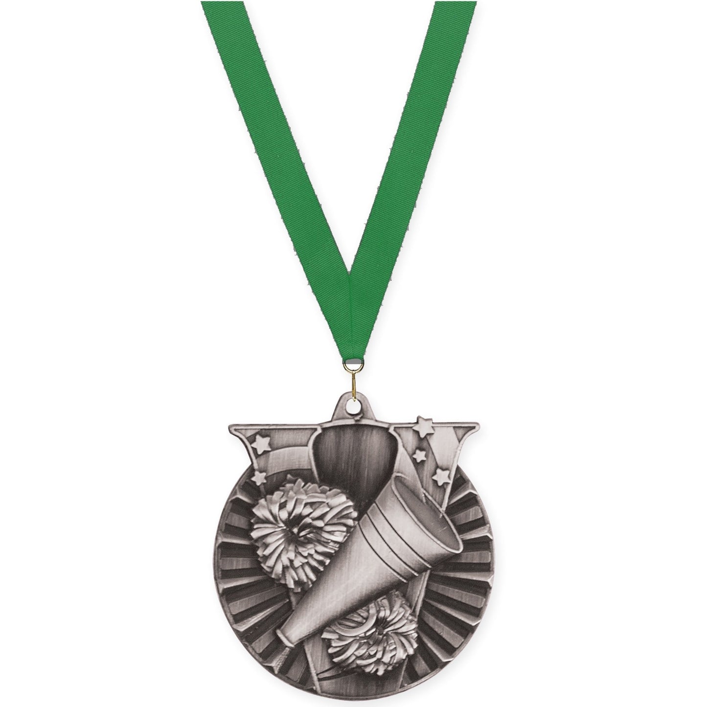 2 inch cheerleading Victory medal in antique silver with Green neck ribbon