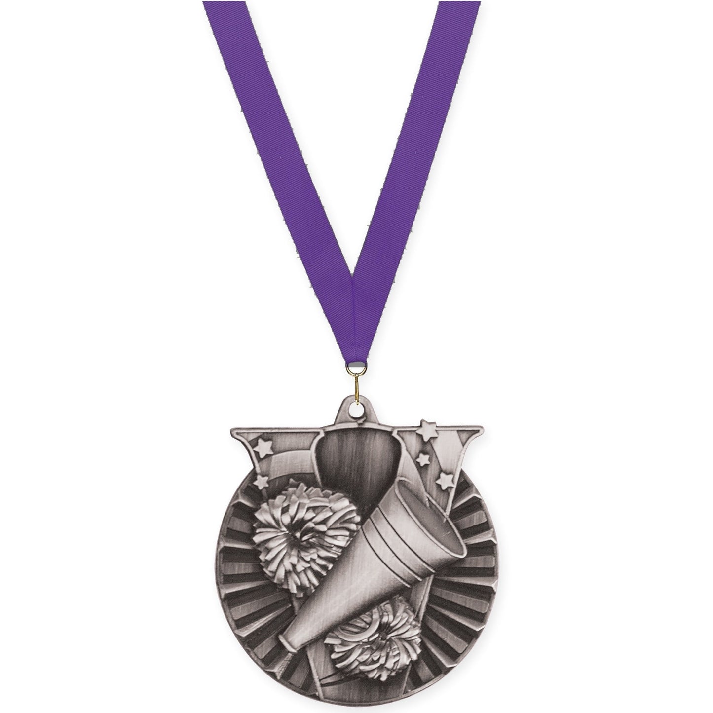 2 inch cheerleading Victory medal in antique silver with Purple neck ribbon
