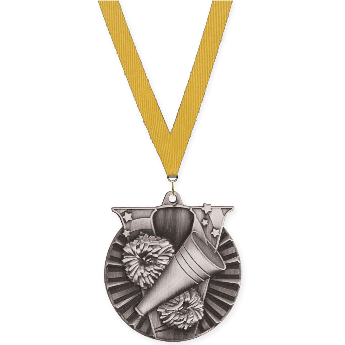 2 inch cheerleading Victory medal in antique silver with Gold neck ribbon