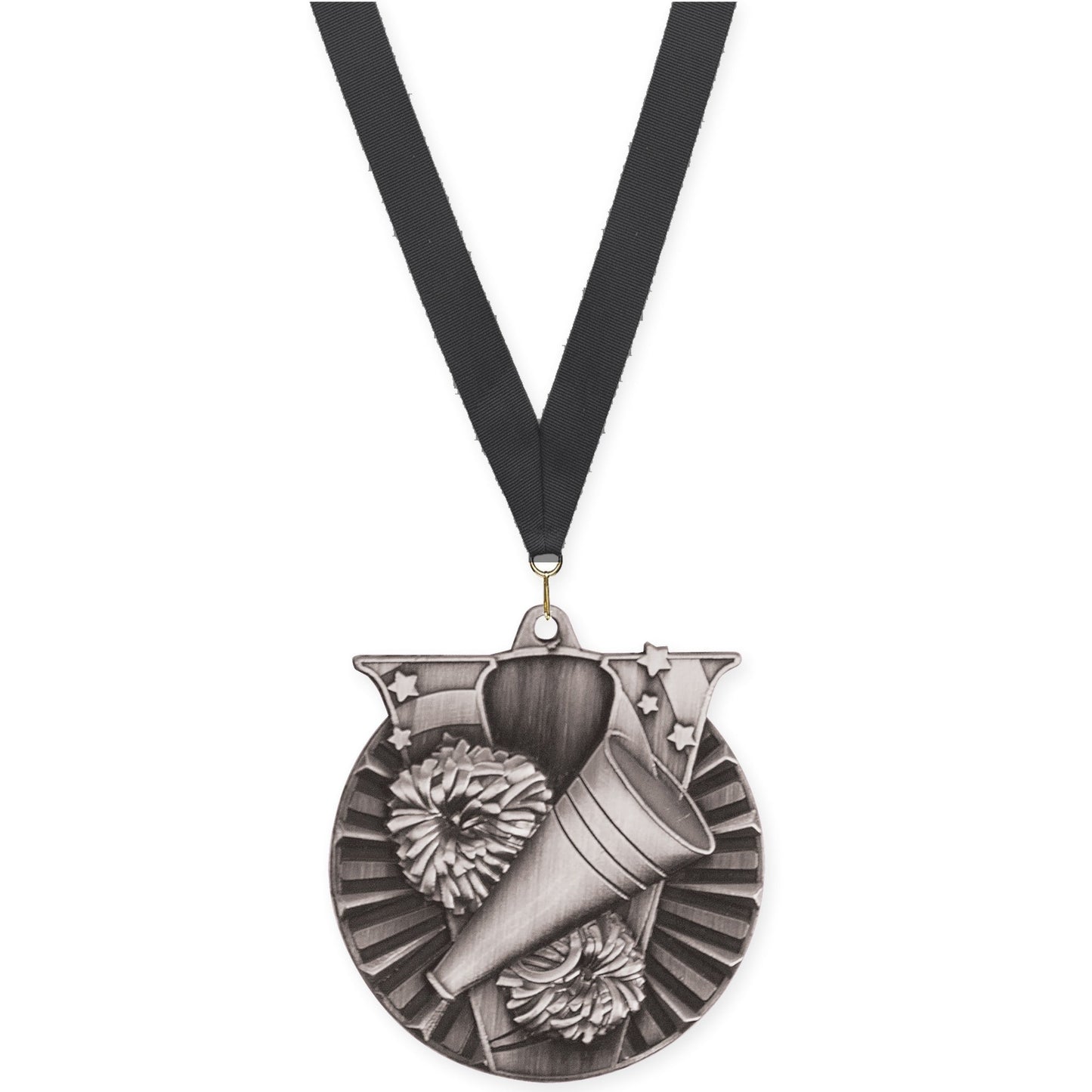 2 inch cheerleading Victory medal in antique silver with Black neck ribbon