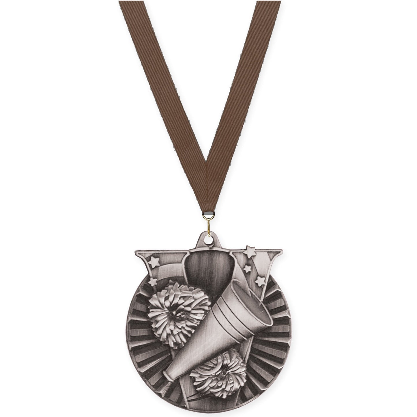 2 inch cheerleading Victory medal in antique silver with Brown neck ribbon
