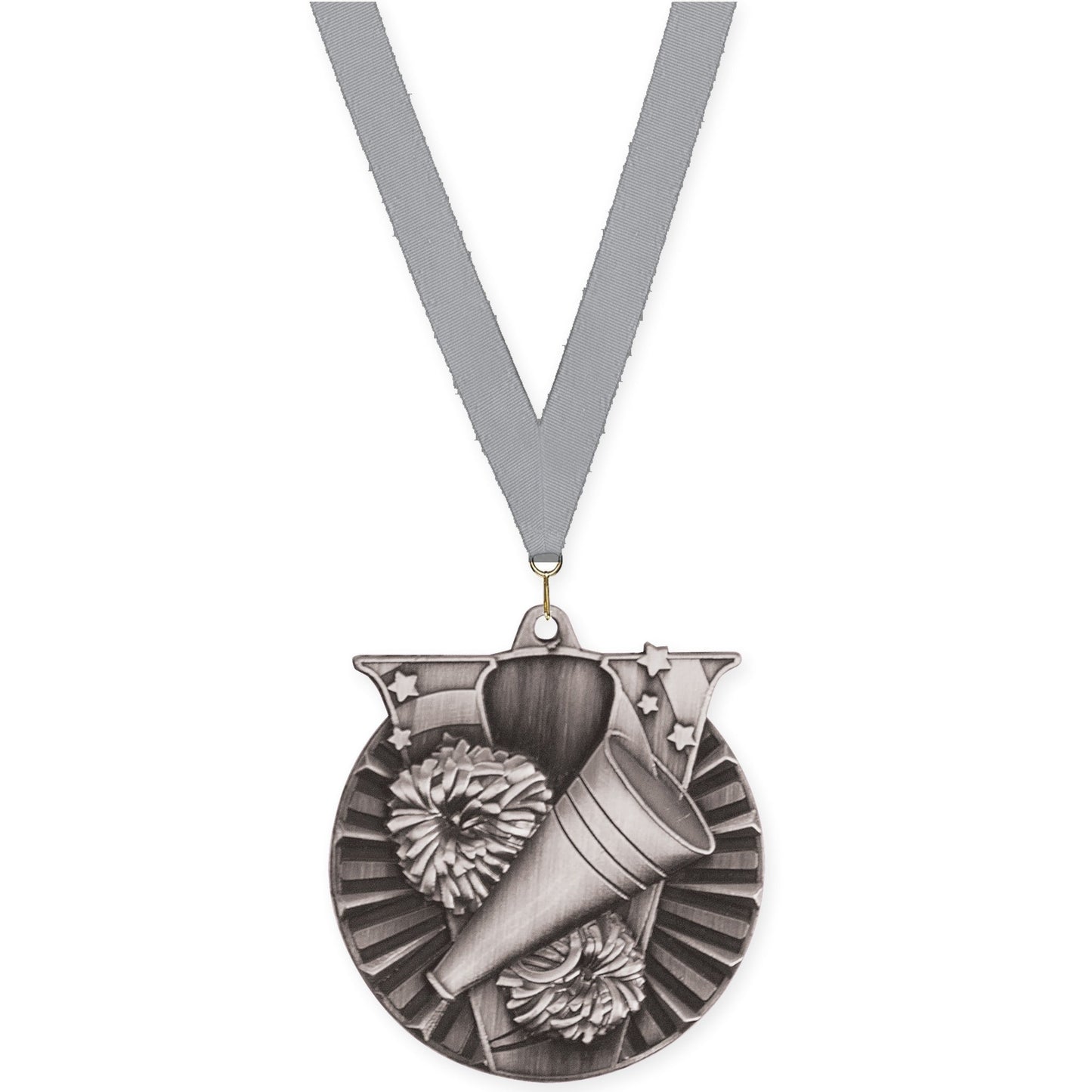 2 inch cheerleading Victory medal in antique silver with Gray neck ribbon