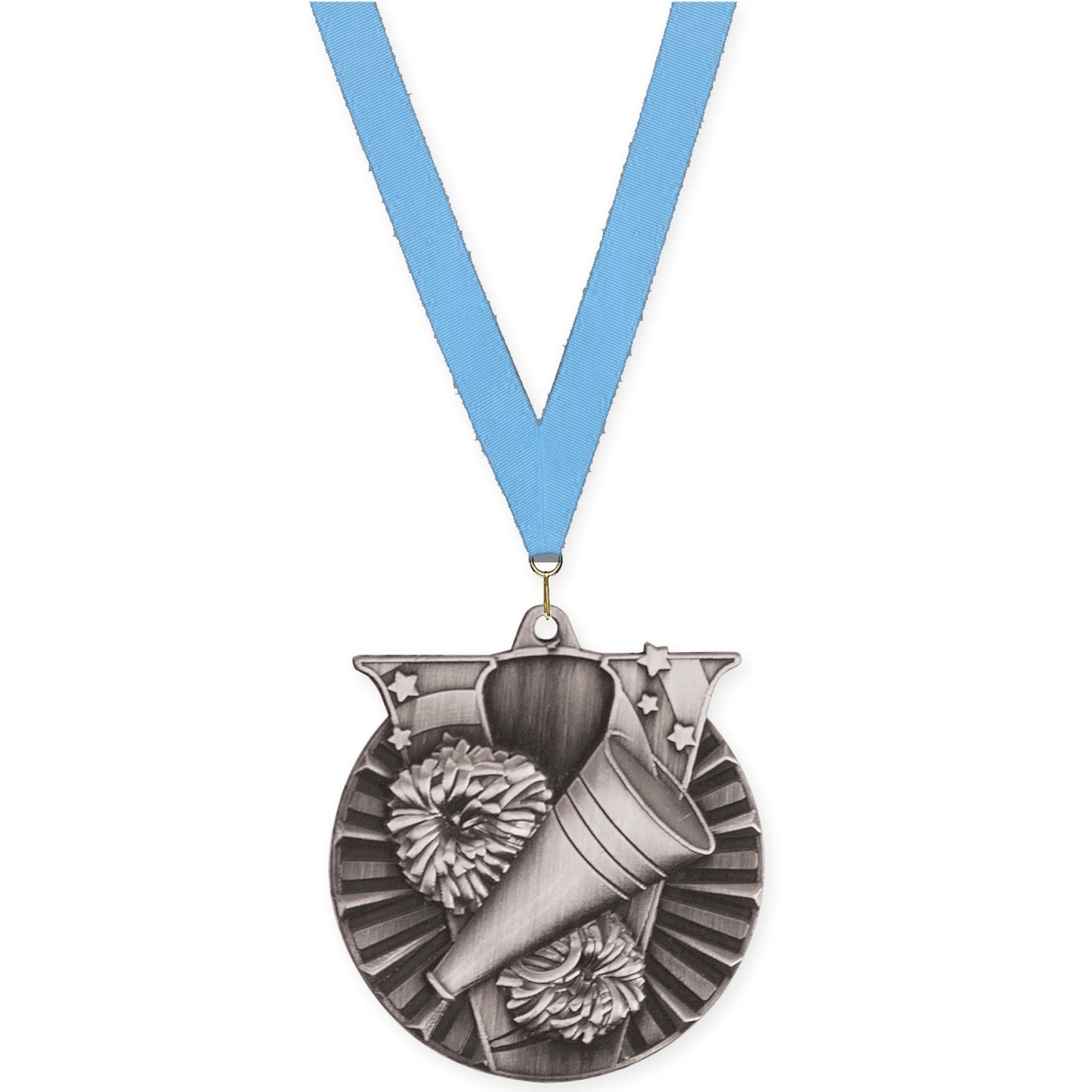 2 inch cheerleading Victory medal in antique silver with Light Blue neck ribbon
