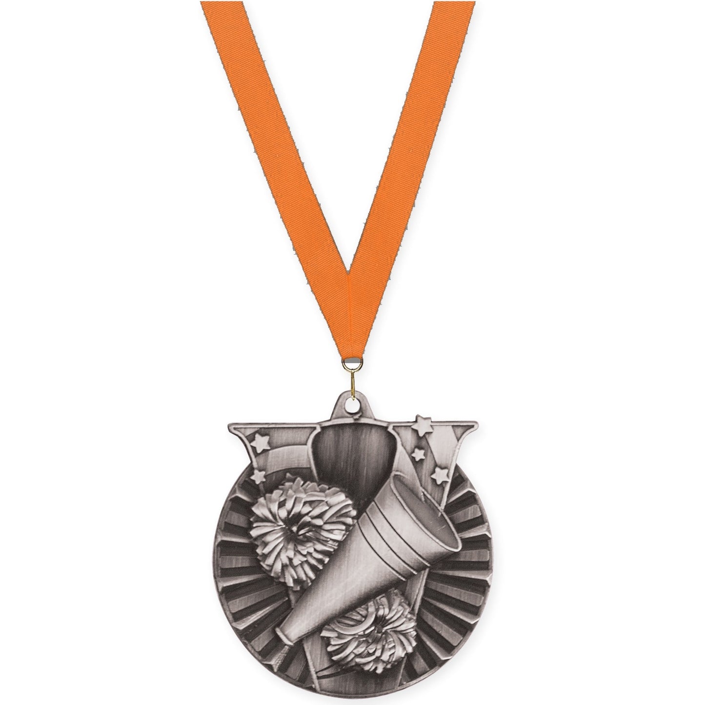 2 inch cheerleading Victory medal in antique silver with Orange neck ribbon