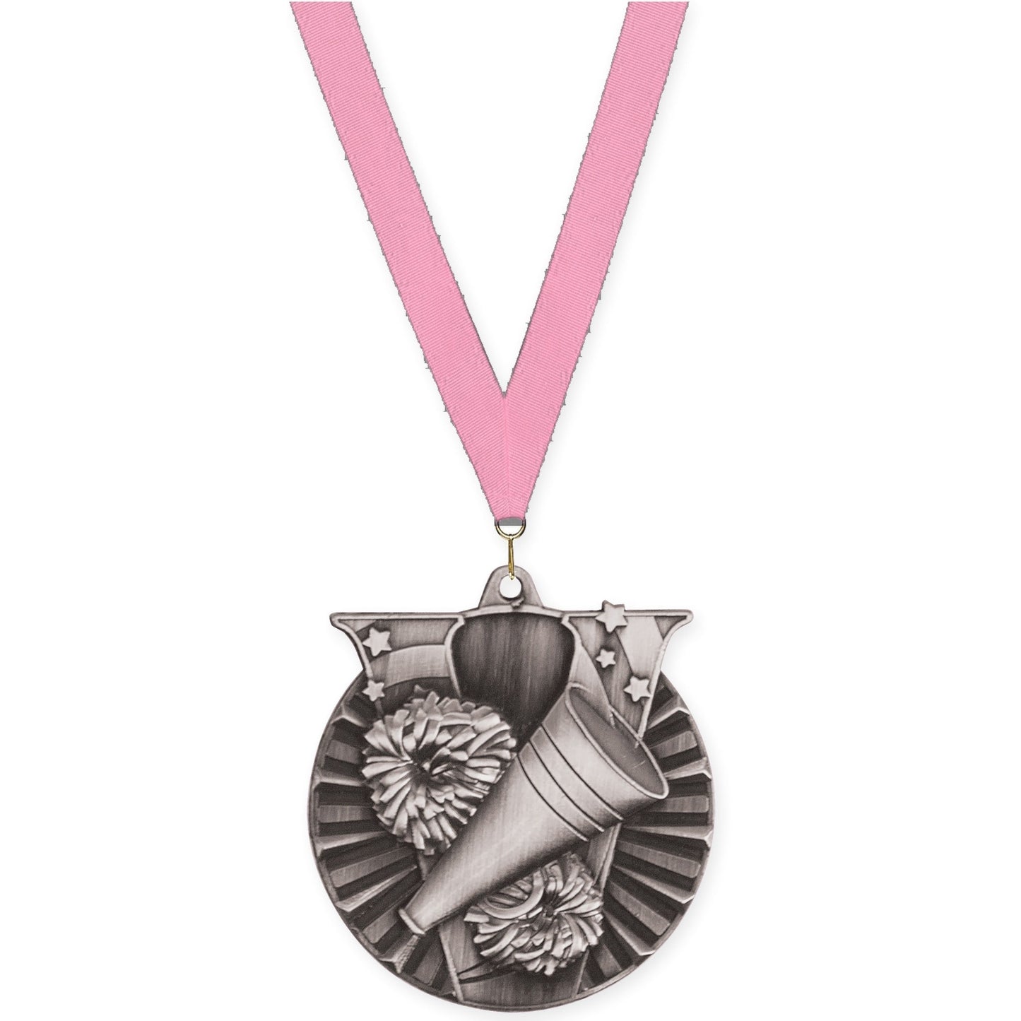 2 inch cheerleading Victory medal in antique silver with Pink neck ribbon