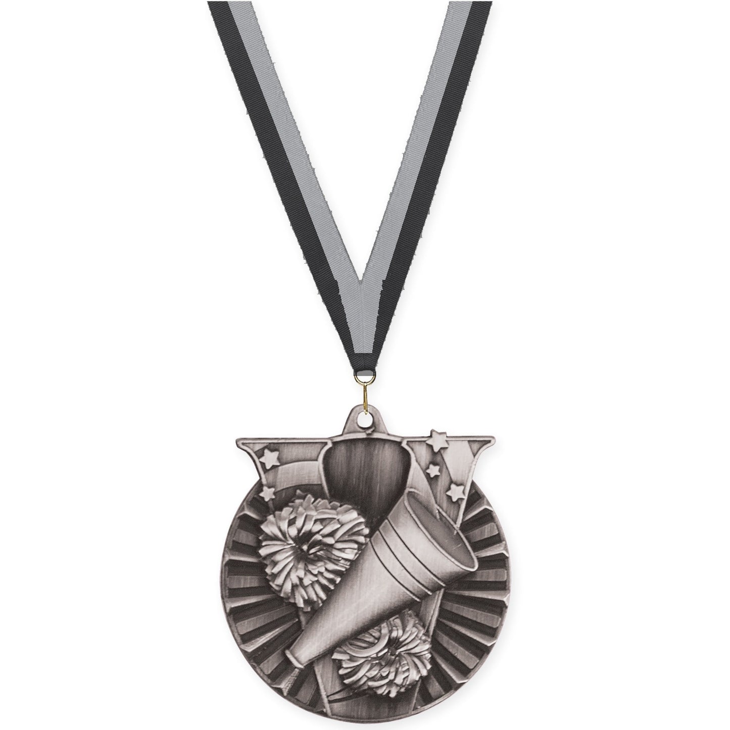2 inch cheerleading Victory medal in antique silver with Black Gray neck ribbon