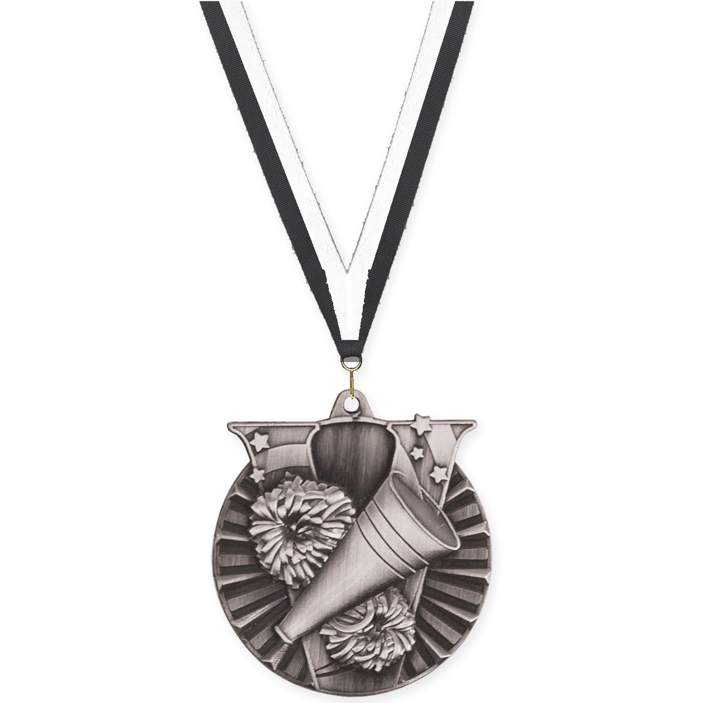 2 inch cheerleading Victory medal in antique silver with Black White neck ribbon