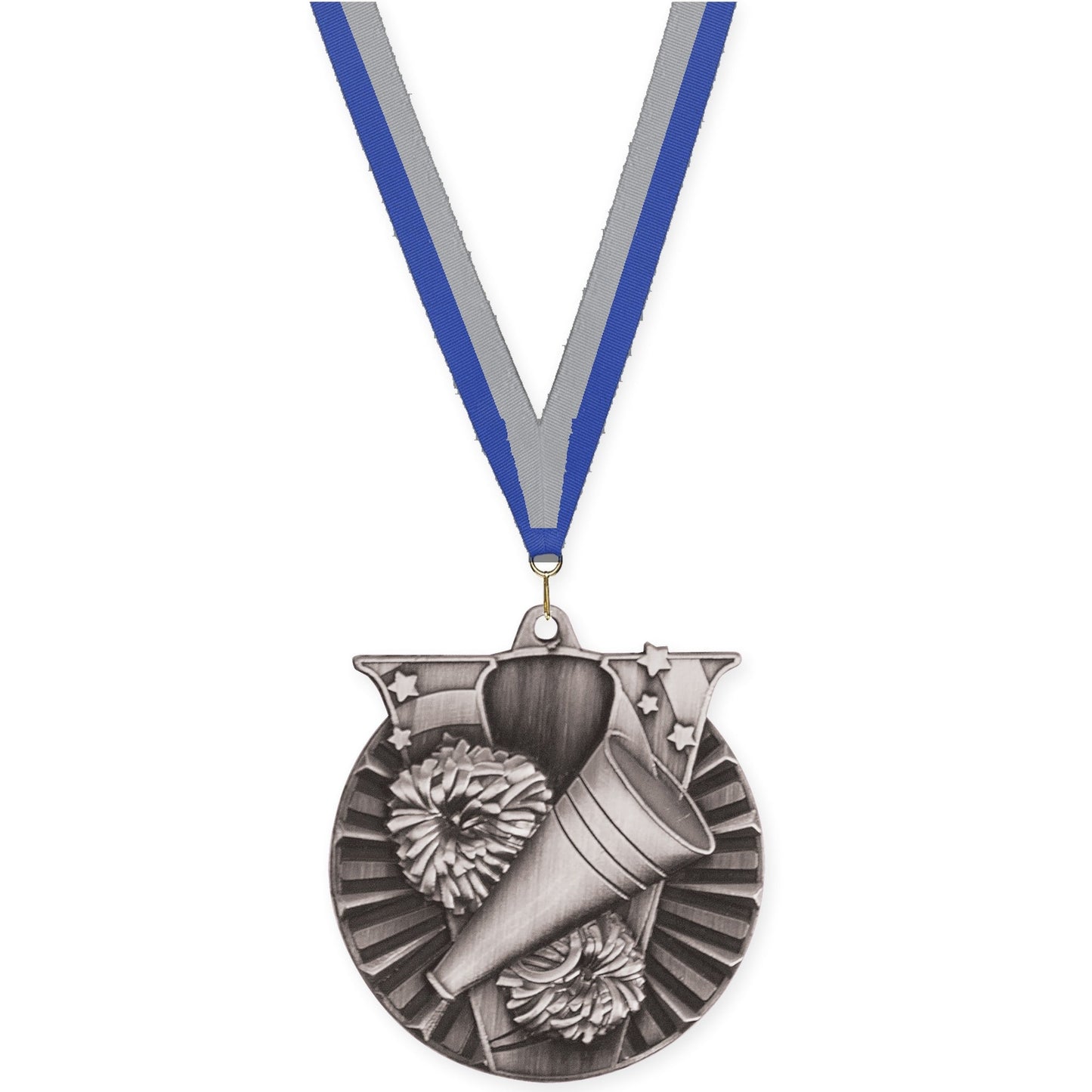 2 inch cheerleading Victory medal in antique silver with Blue Gray neck ribbon
