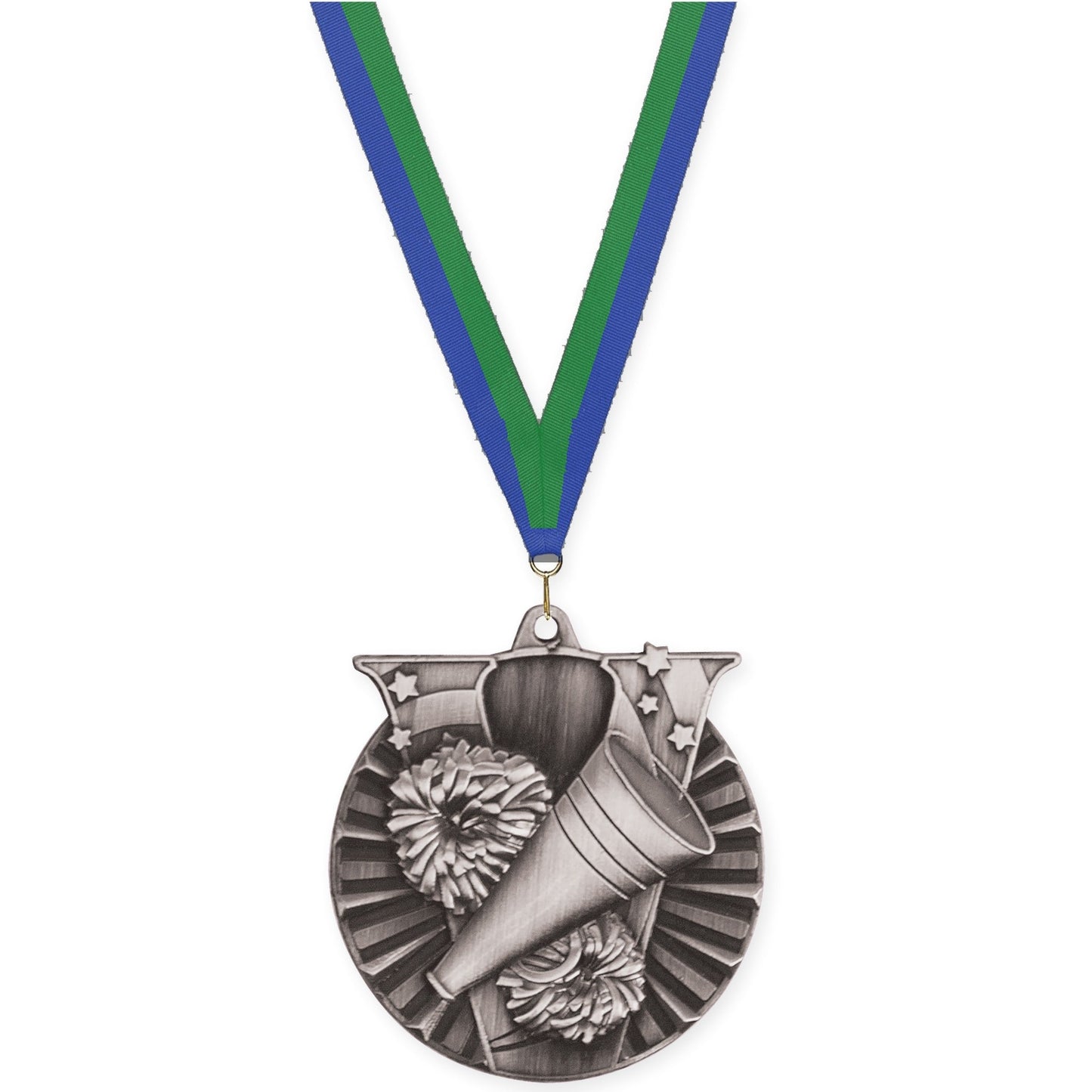 2 inch cheerleading Victory medal in antique silver with Blue Green neck ribbon