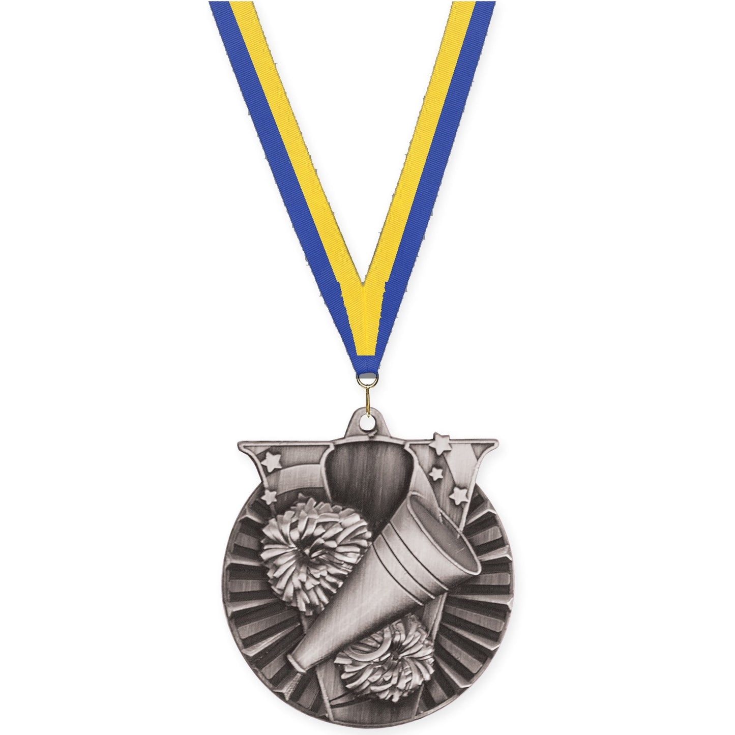 2 inch cheerleading Victory medal in antique silver with Blue Yellow neck ribbon