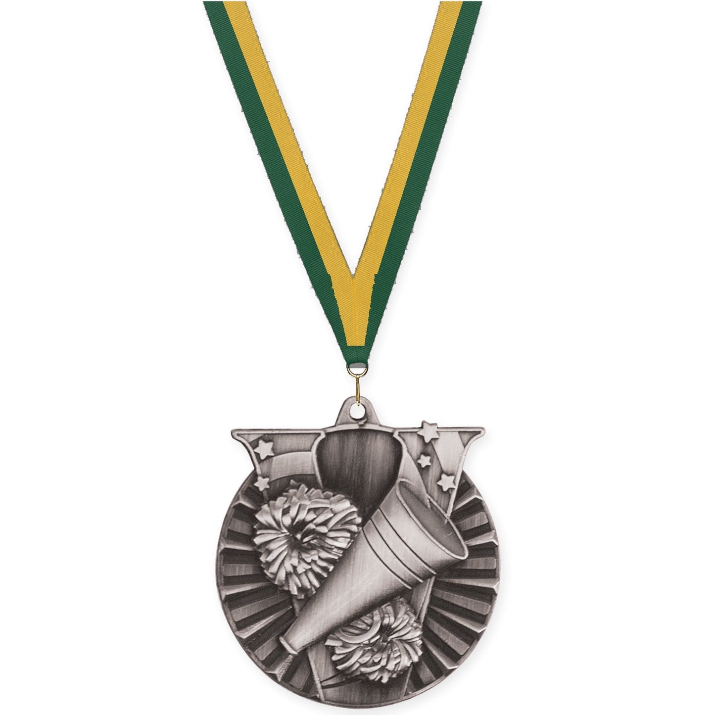 2 inch cheerleading Victory medal in antique silver with Hunter Green Gold neck ribbon
