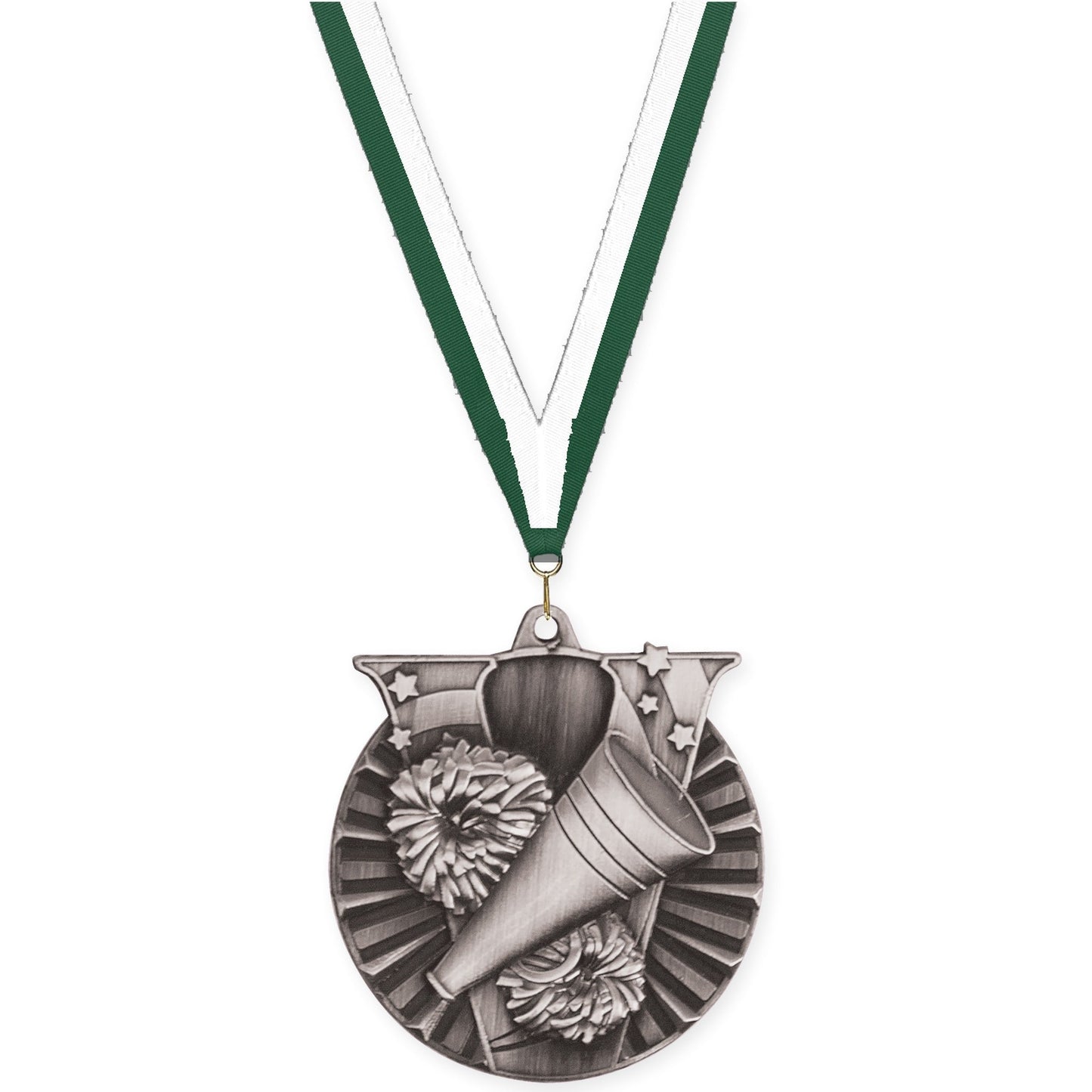 2 inch cheerleading Victory medal in antique silver with Hunter Green White neck ribbon