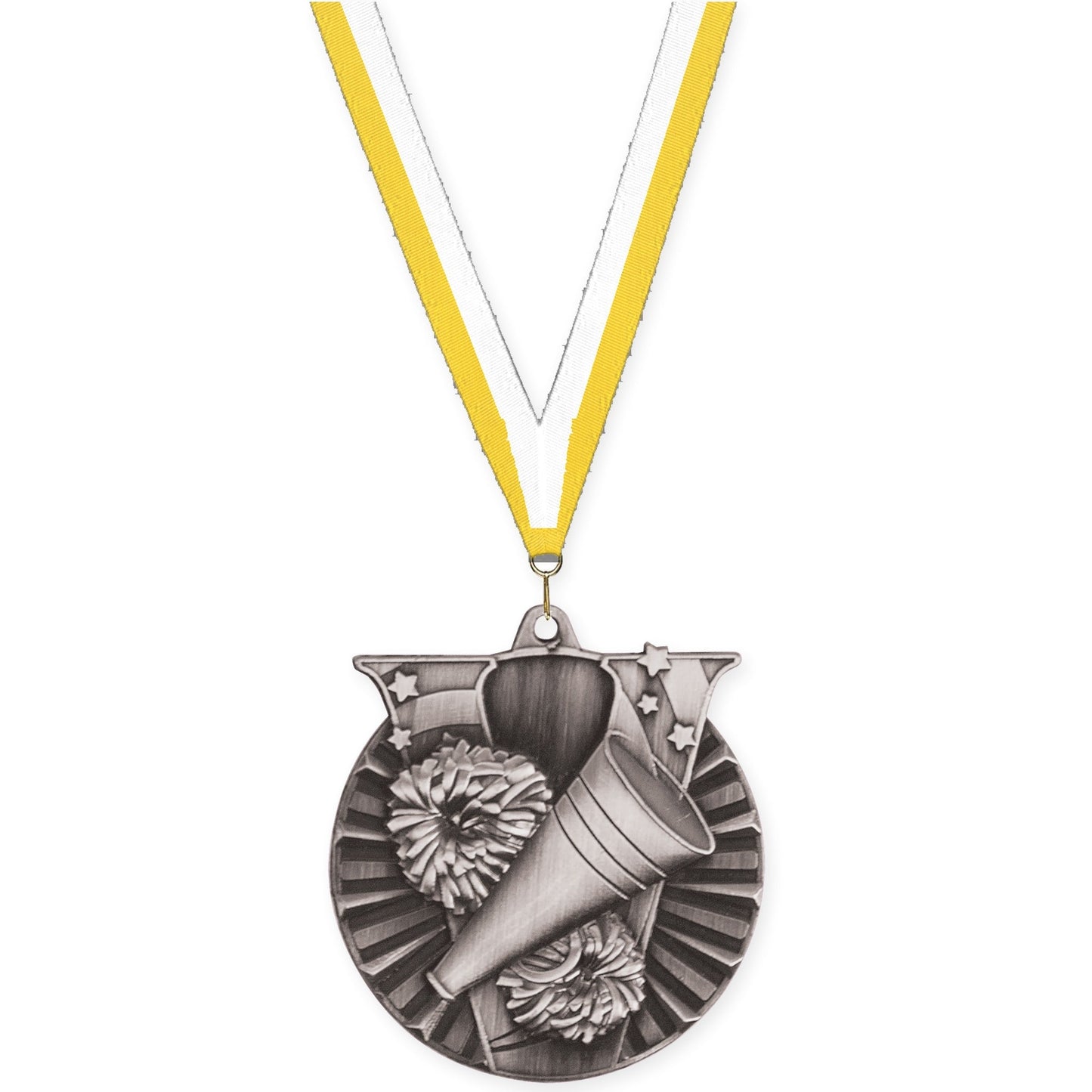 2 inch cheerleading Victory medal in antique silver with Yellow White neck ribbon