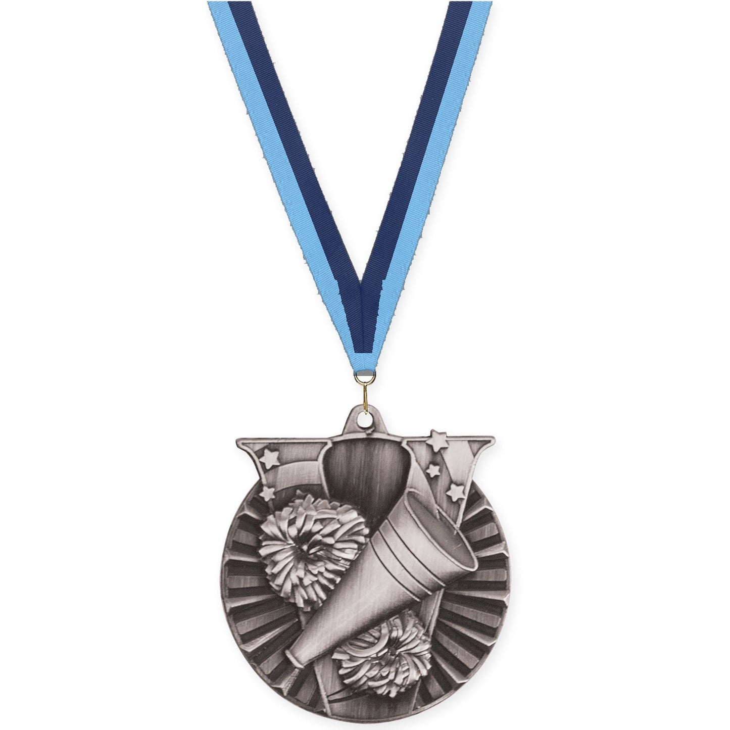 2 inch cheerleading Victory medal in antique silver with Light Blue Navy neck ribbon