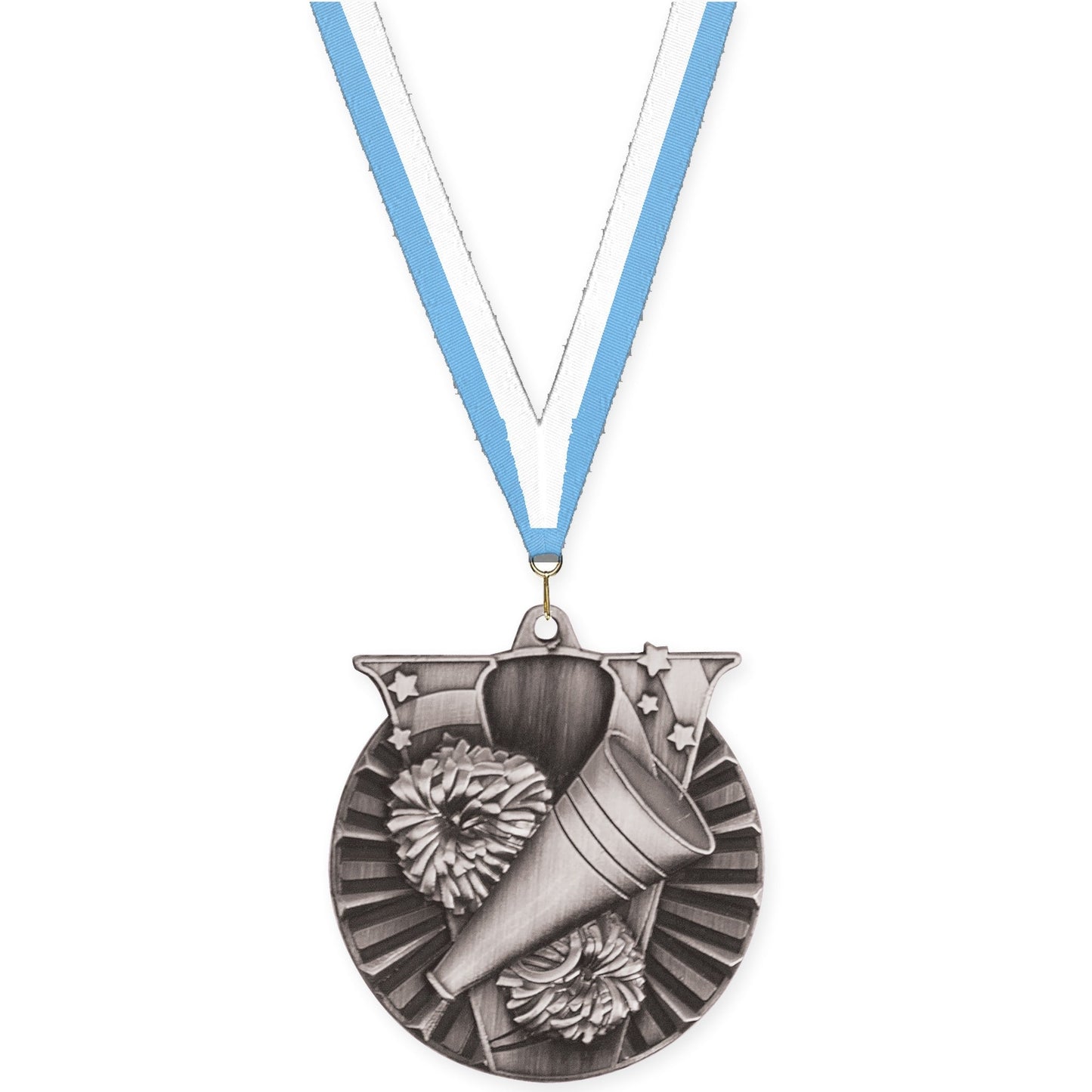2 inch cheerleading Victory medal in antique silver with Light Blue White neck ribbon