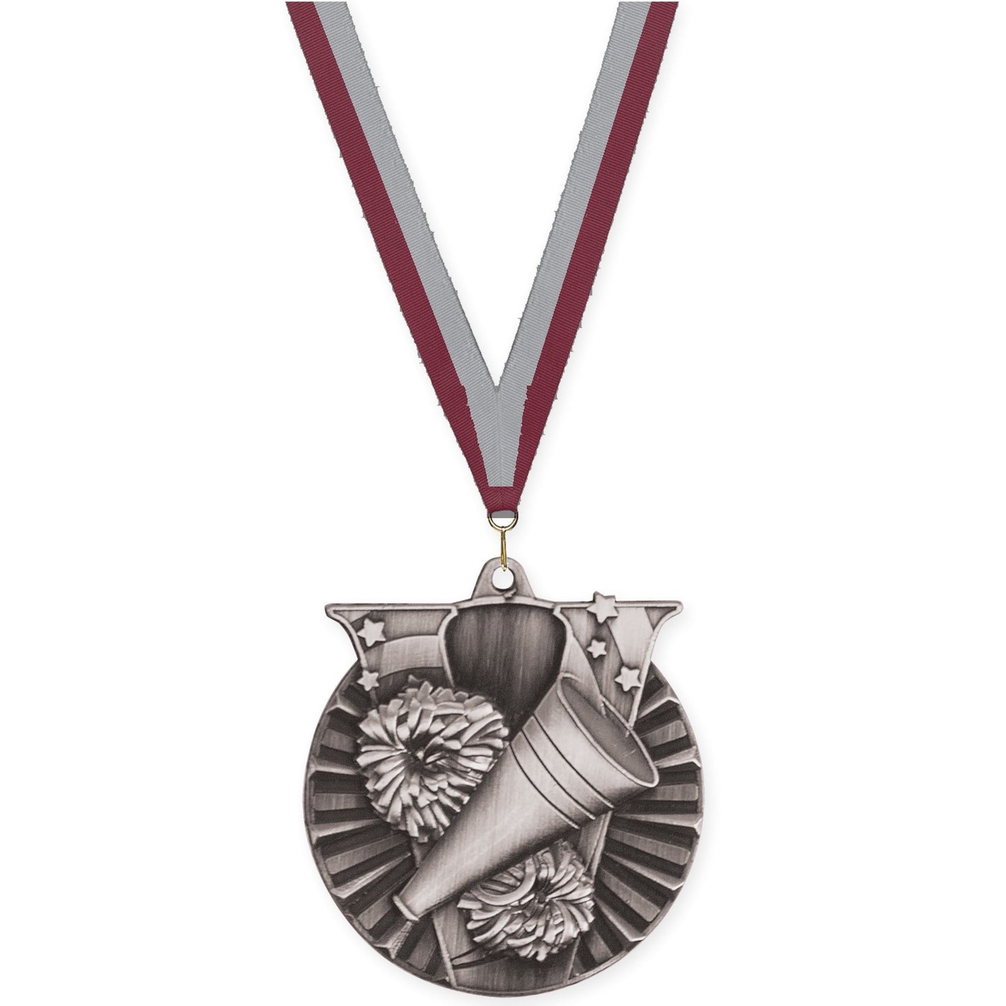 2 inch cheerleading Victory medal in antique silver with Maroon Gray neck ribbon