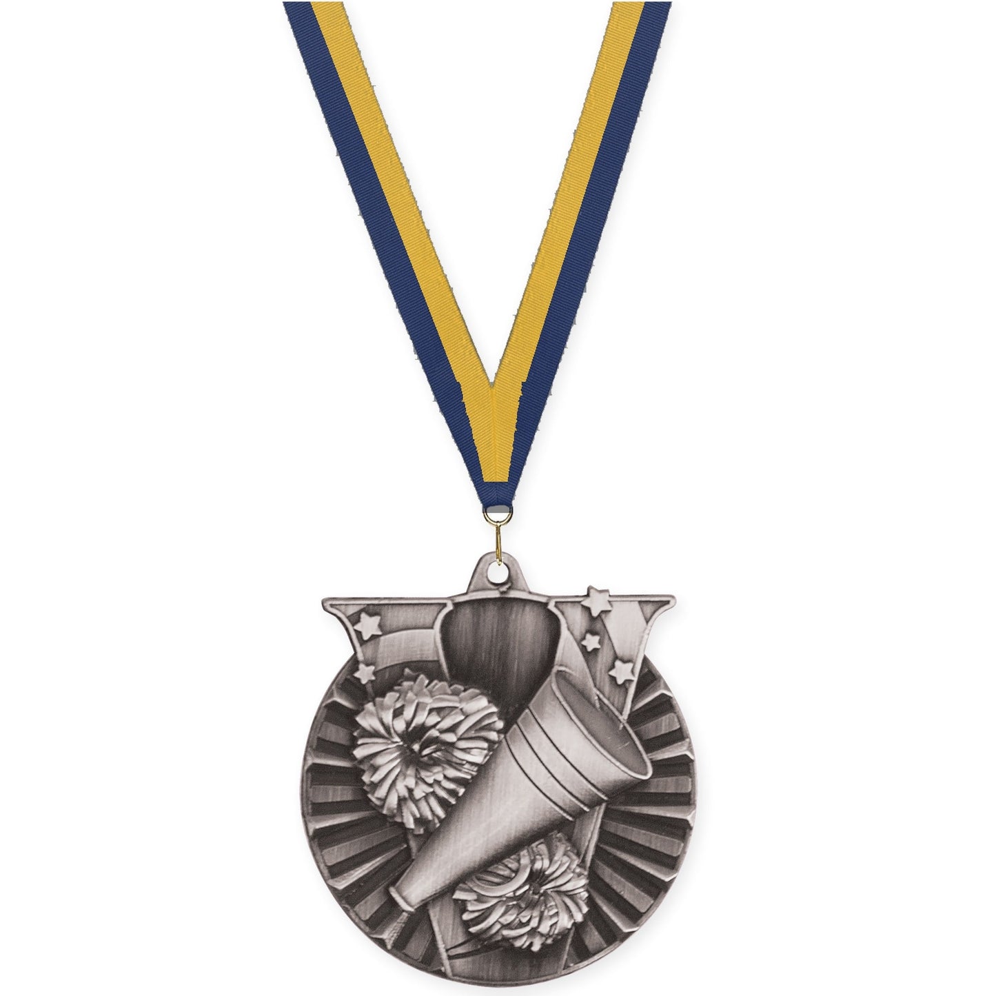2 inch cheerleading Victory medal in antique silver with Navy Gold neck ribbon