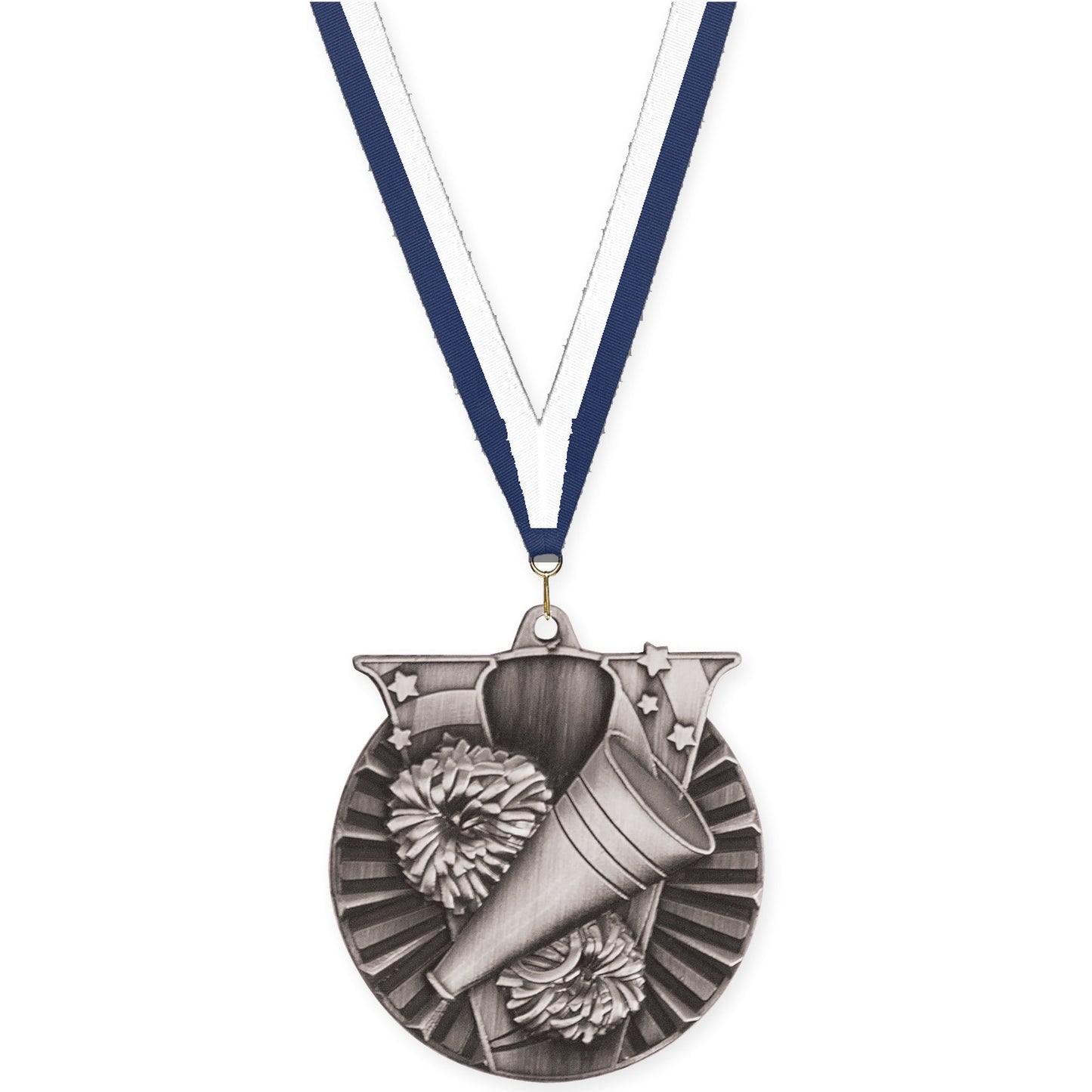 2 inch cheerleading Victory medal in antique silver with Navy White neck ribbon