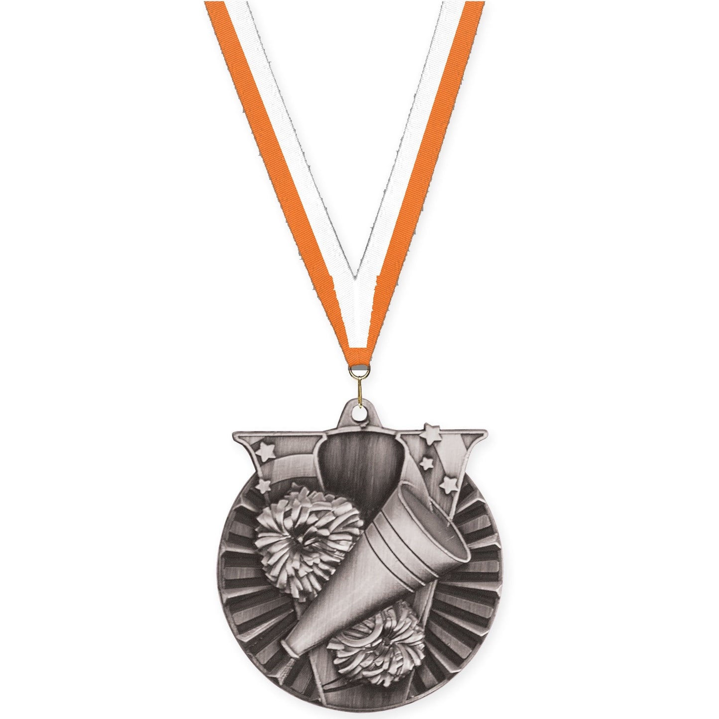 2 inch cheerleading Victory medal in antique silver with Orange White neck ribbon