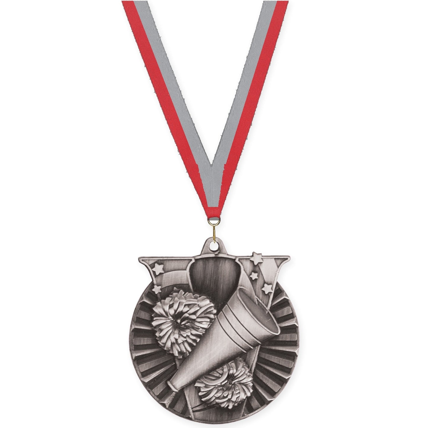 2 inch cheerleading Victory medal in antique silver with Red Gray neck ribbon