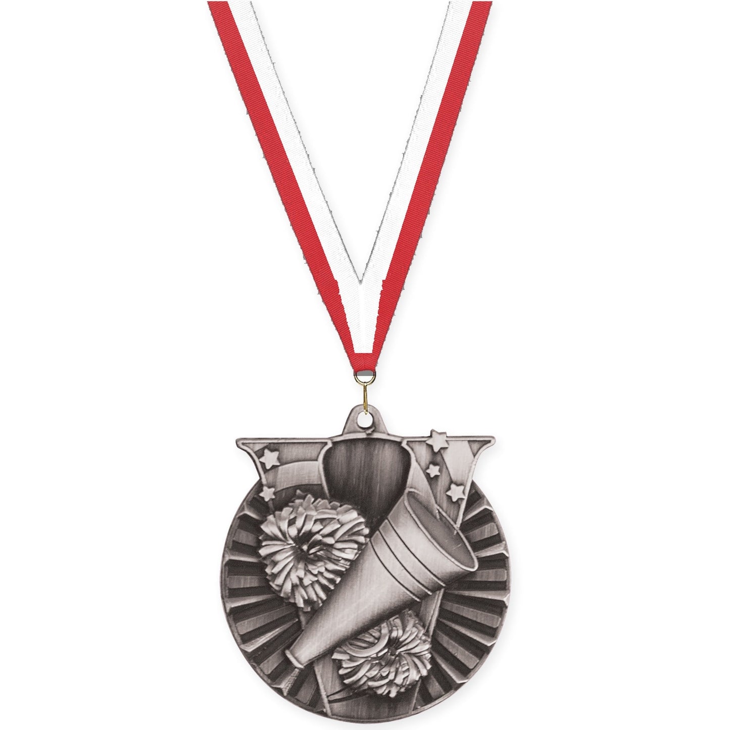 2 inch cheerleading Victory medal in antique silver with Red White neck ribbon