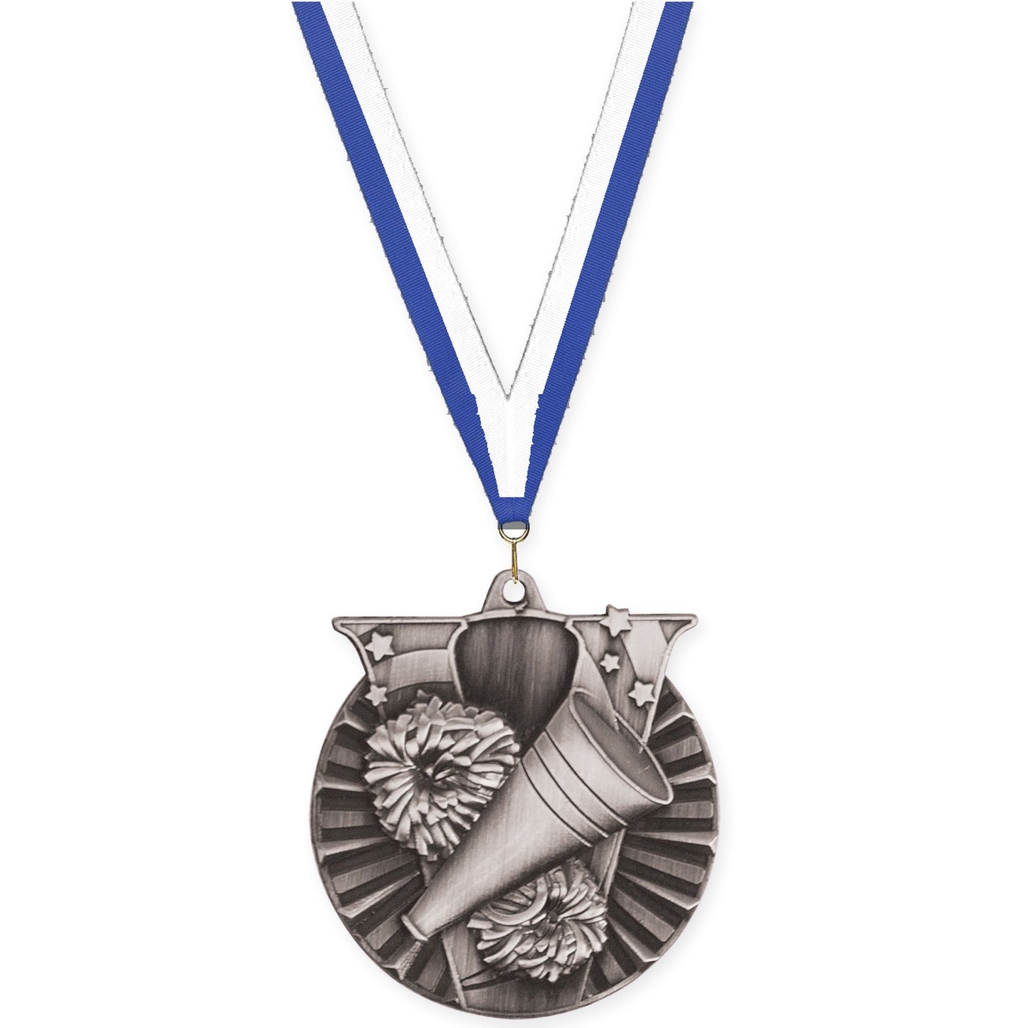 2 inch cheerleading Victory medal in antique silver with Blue White neck ribbon