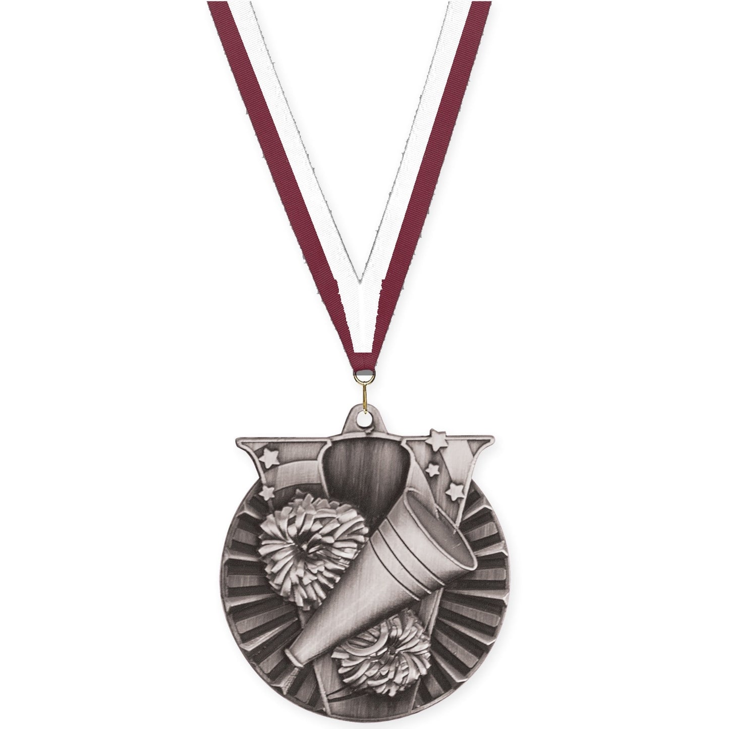 2 inch cheerleading Victory medal in antique silver with Maroon White neck ribbon