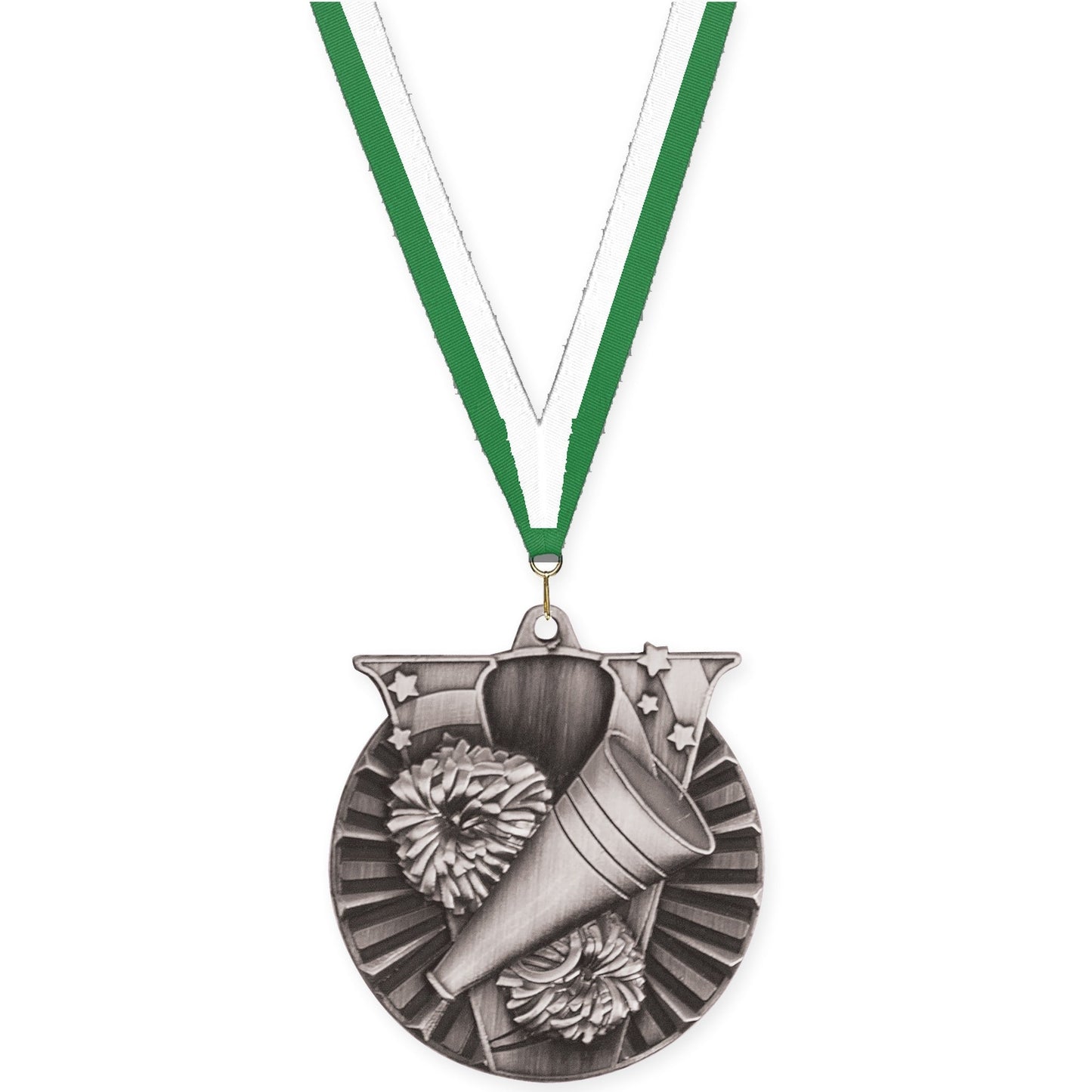 2 inch cheerleading Victory medal in antique silver with Green White neck ribbon