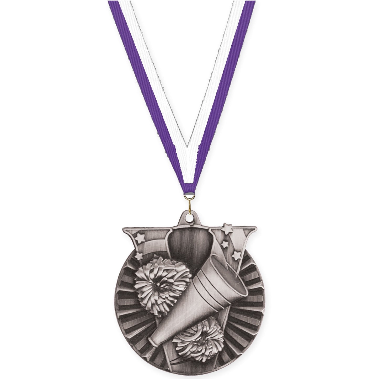 2 inch cheerleading Victory medal in antique silver with Purple White neck ribbon