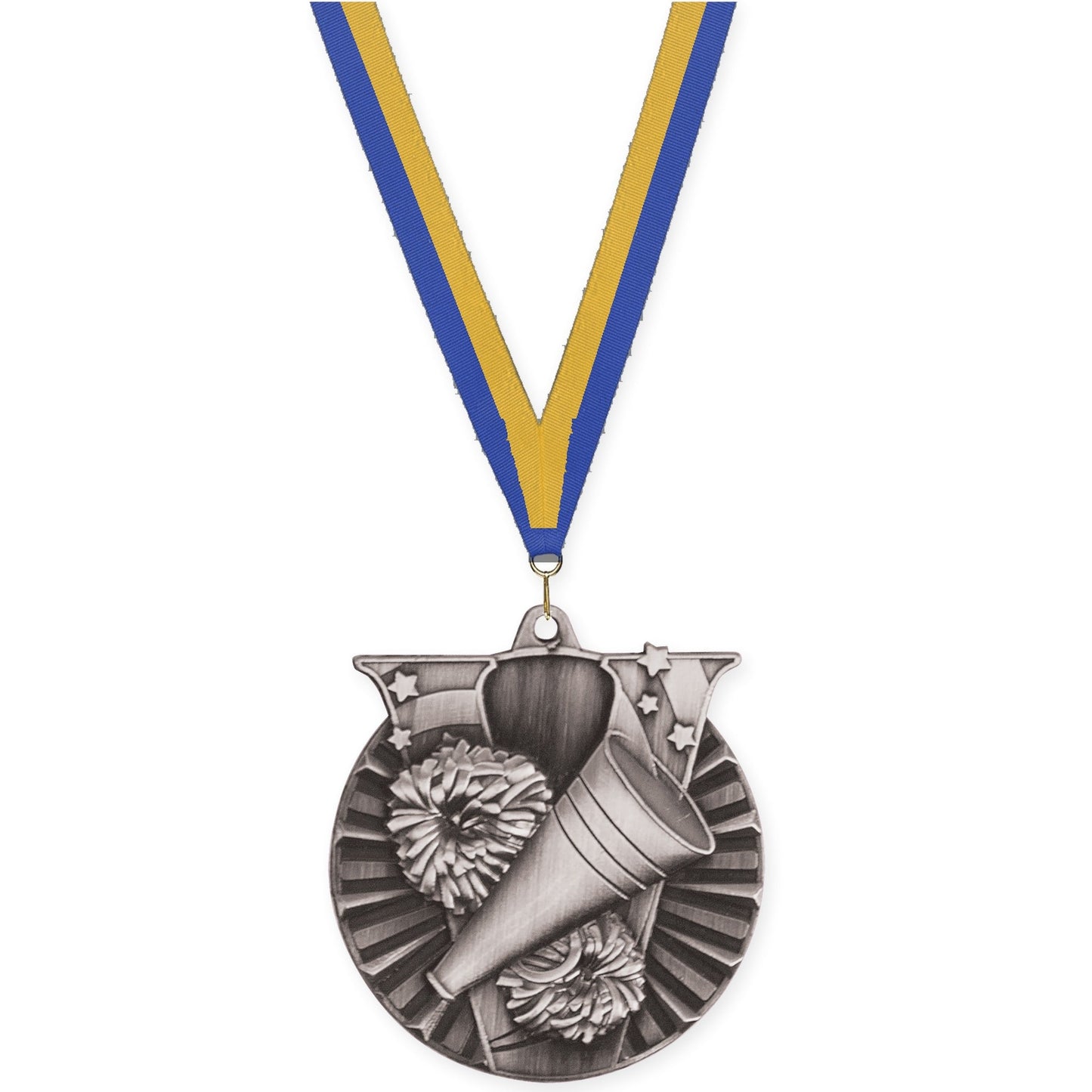 2 inch cheerleading Victory medal in antique silver with Blue Gold neck ribbon