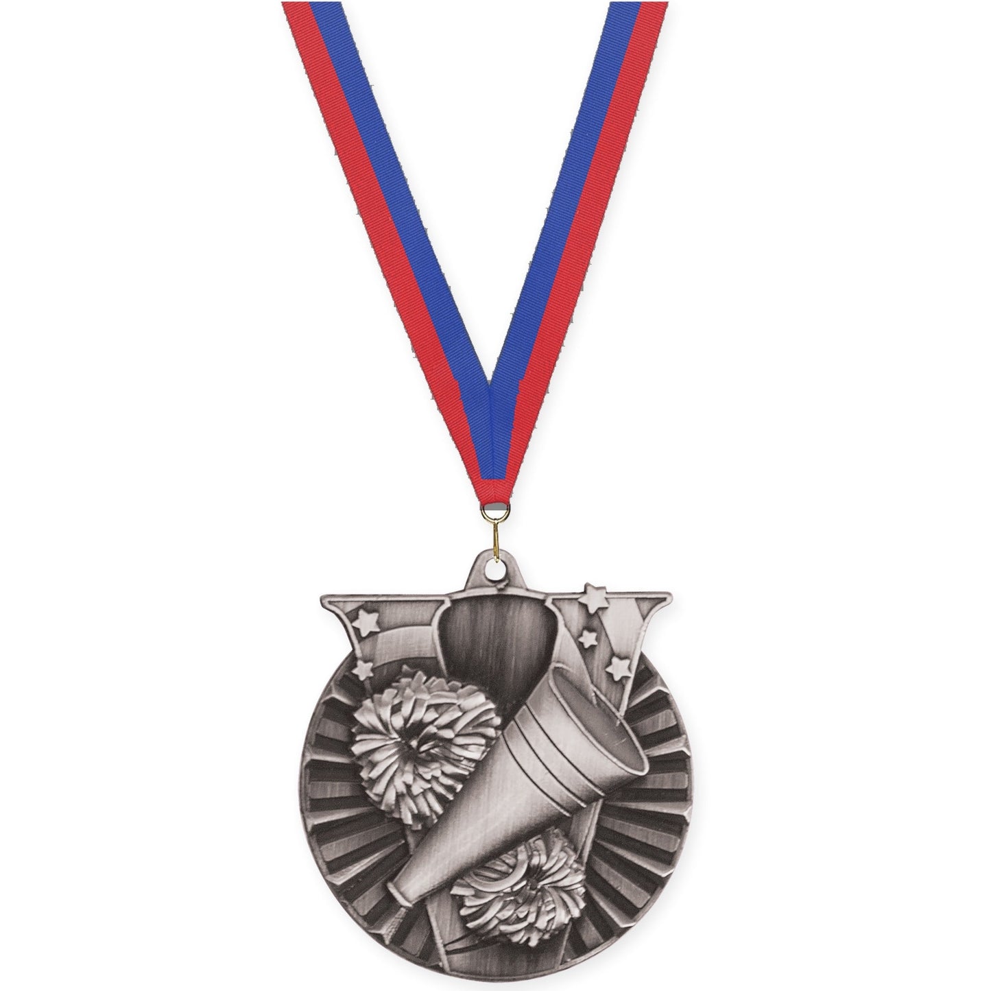 2 inch cheerleading Victory medal in antique silver with Blue Red neck ribbon