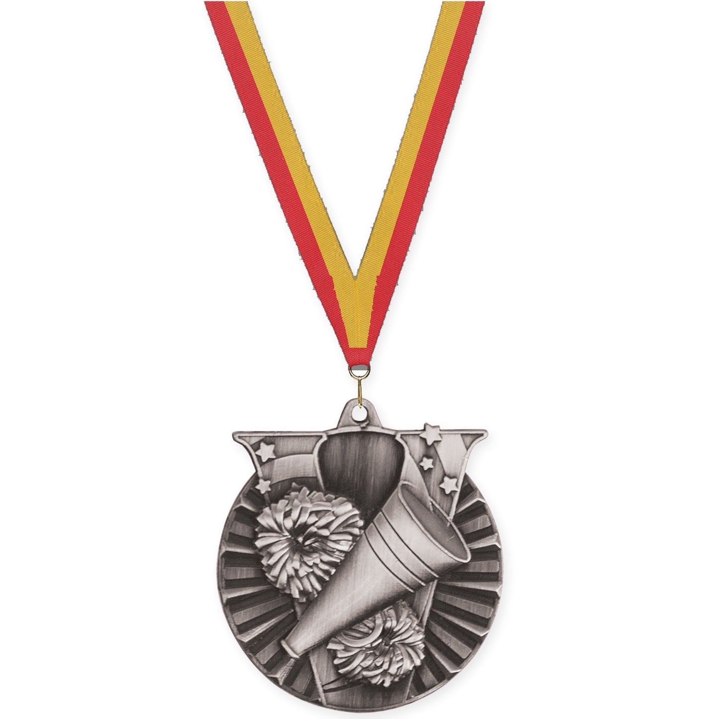 2 inch cheerleading Victory medal in antique silver with Red Gold neck ribbon