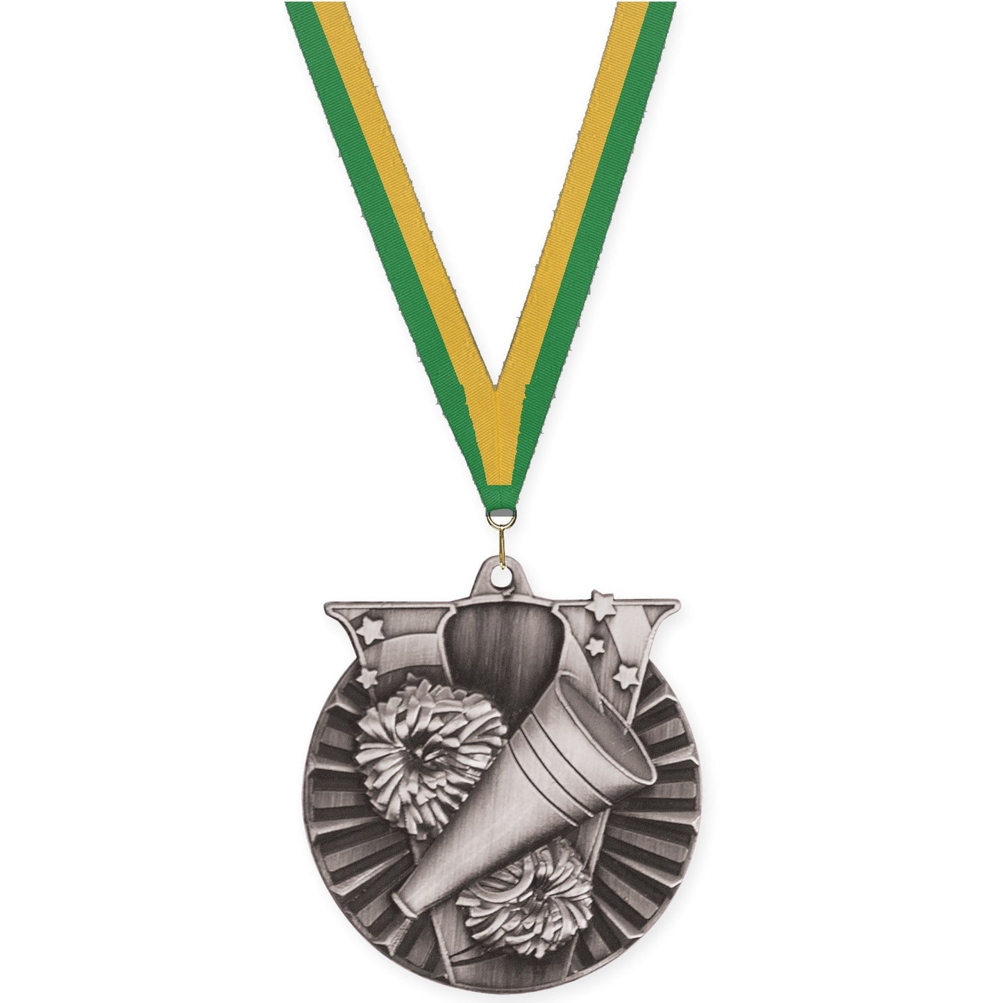 2 inch cheerleading Victory medal in antique silver with Green Gold neck ribbon