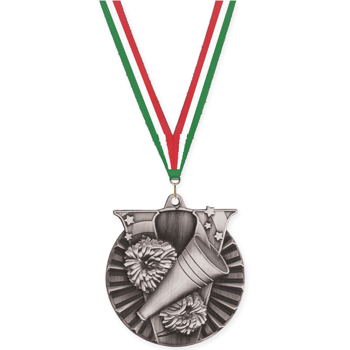 2 inch cheerleading Victory medal in antique silver with Green White Red neck ribbon