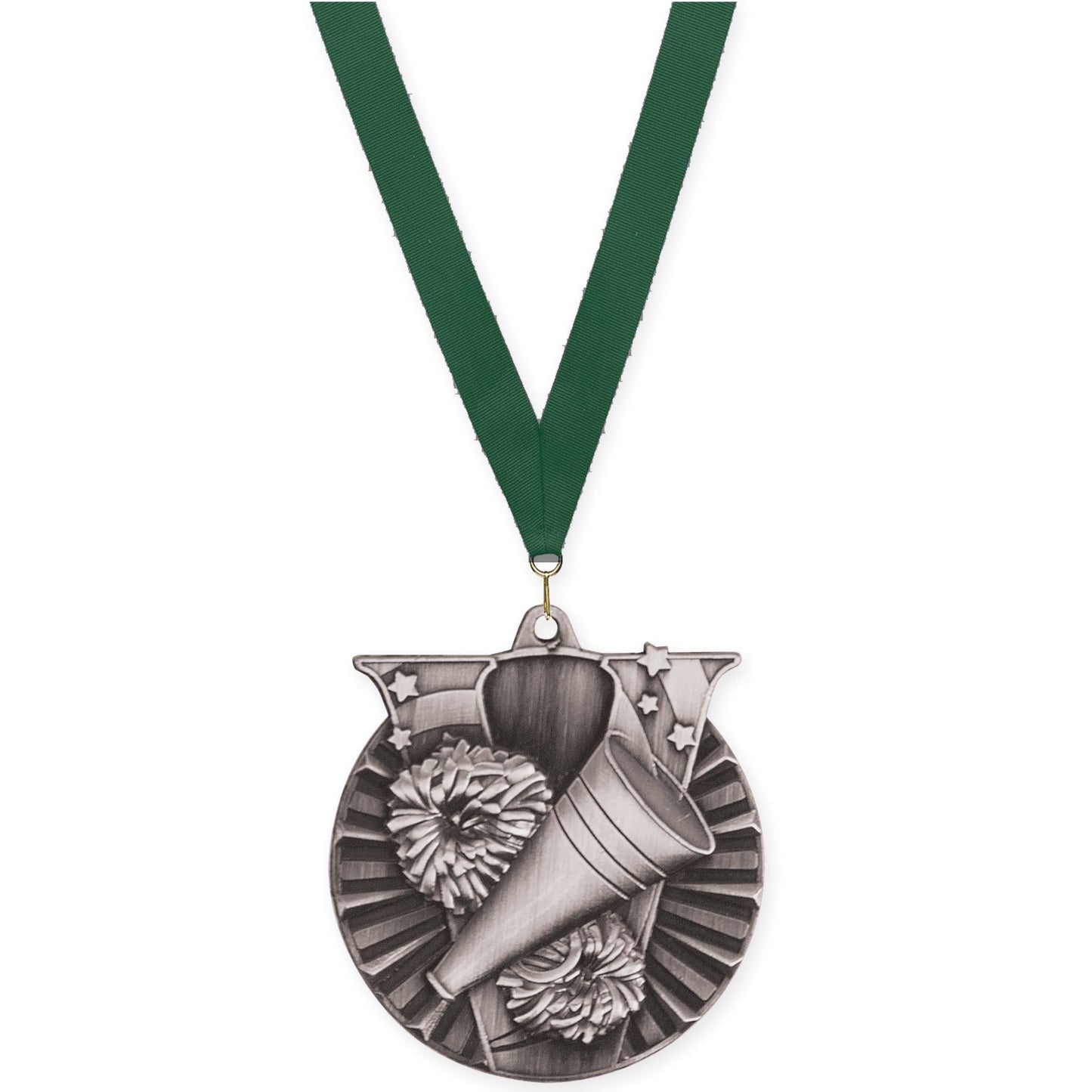 2 inch cheerleading Victory medal in antique silver with Hunter Green neck ribbon
