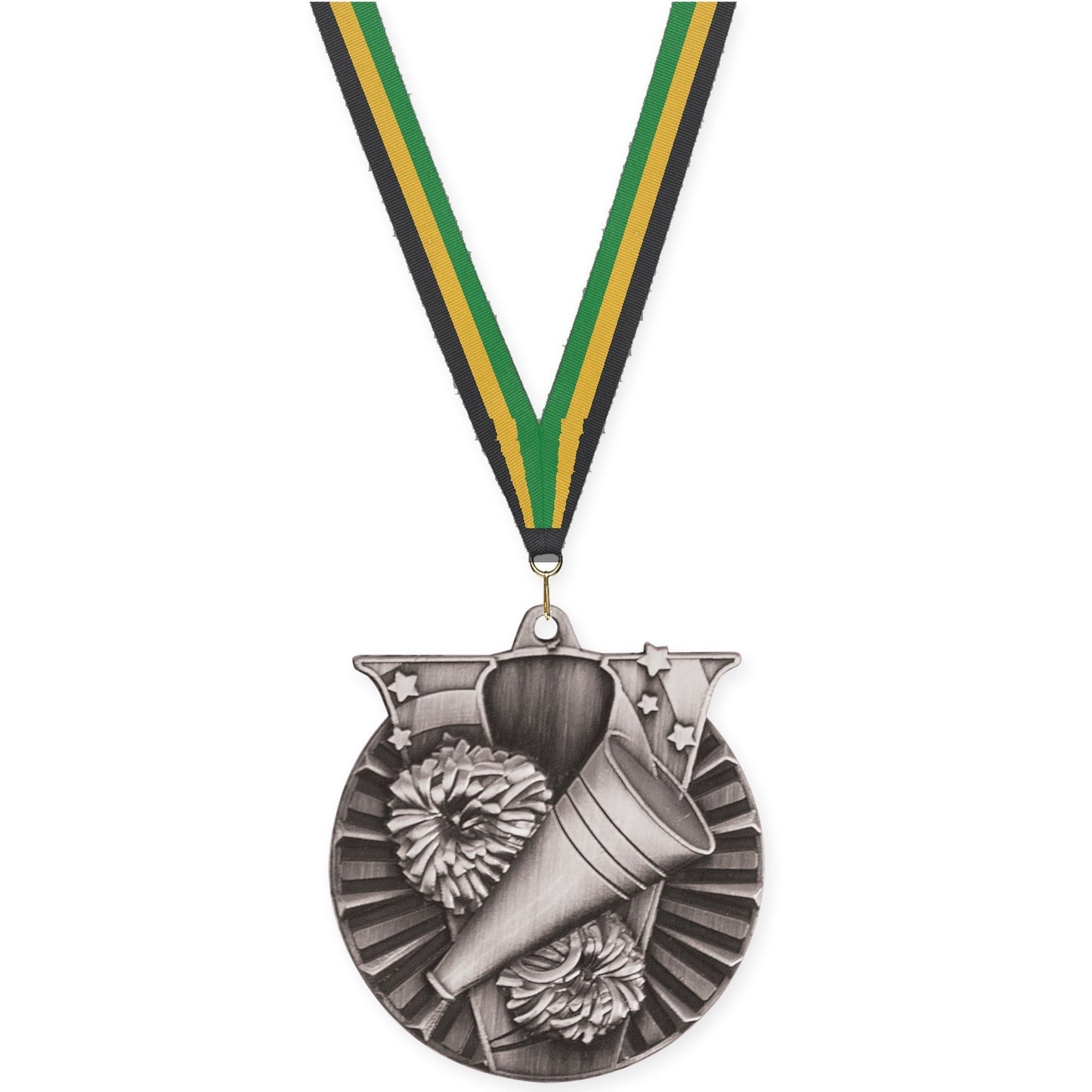 2 inch cheerleading Victory medal in antique silver with Black Gold Green neck ribbon