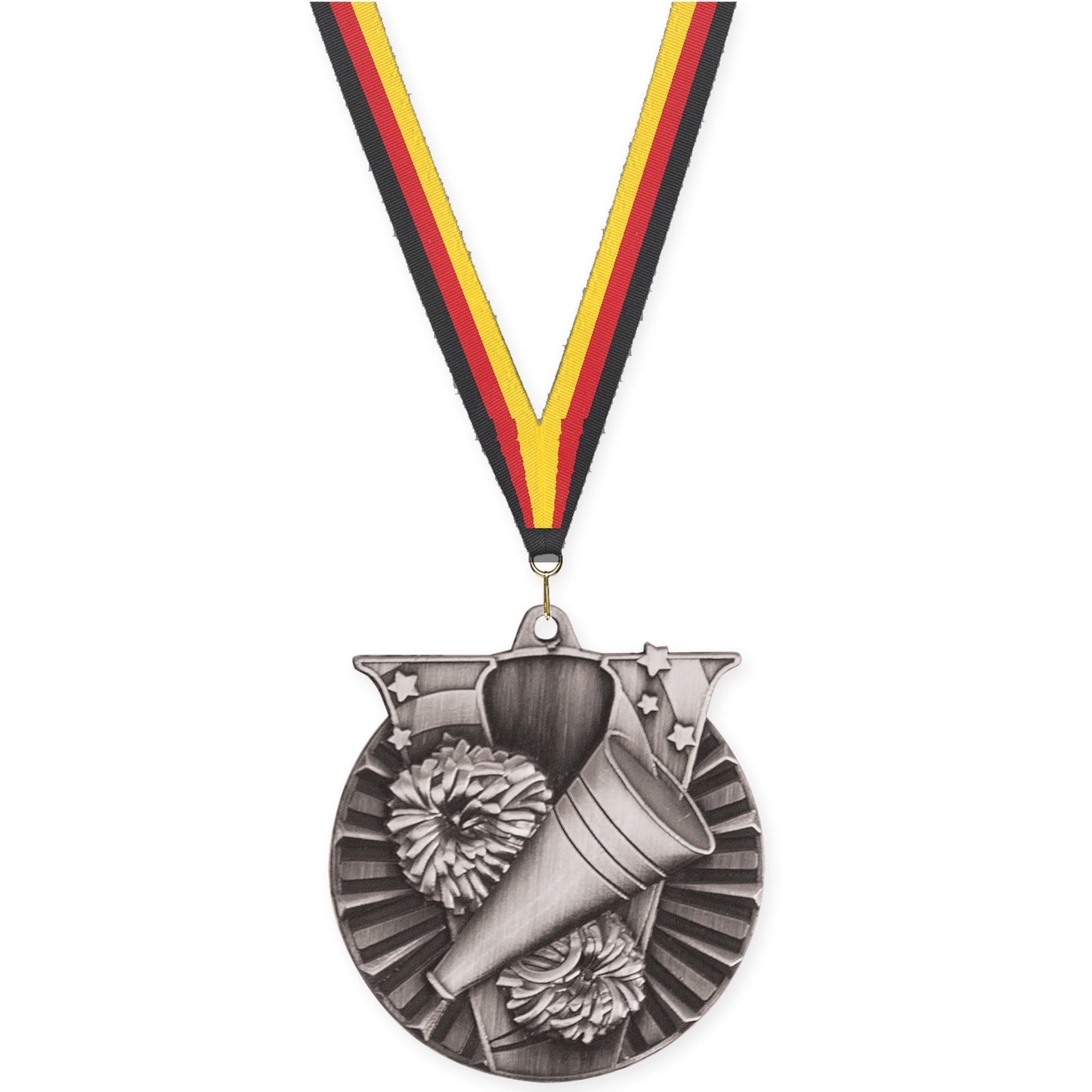 2 inch cheerleading Victory medal in antique silver with Black Red Yellow neck ribbon