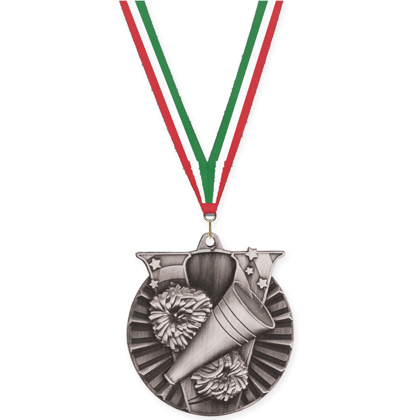 2 inch cheerleading Victory medal in antique silver with Red White Green neck ribbon