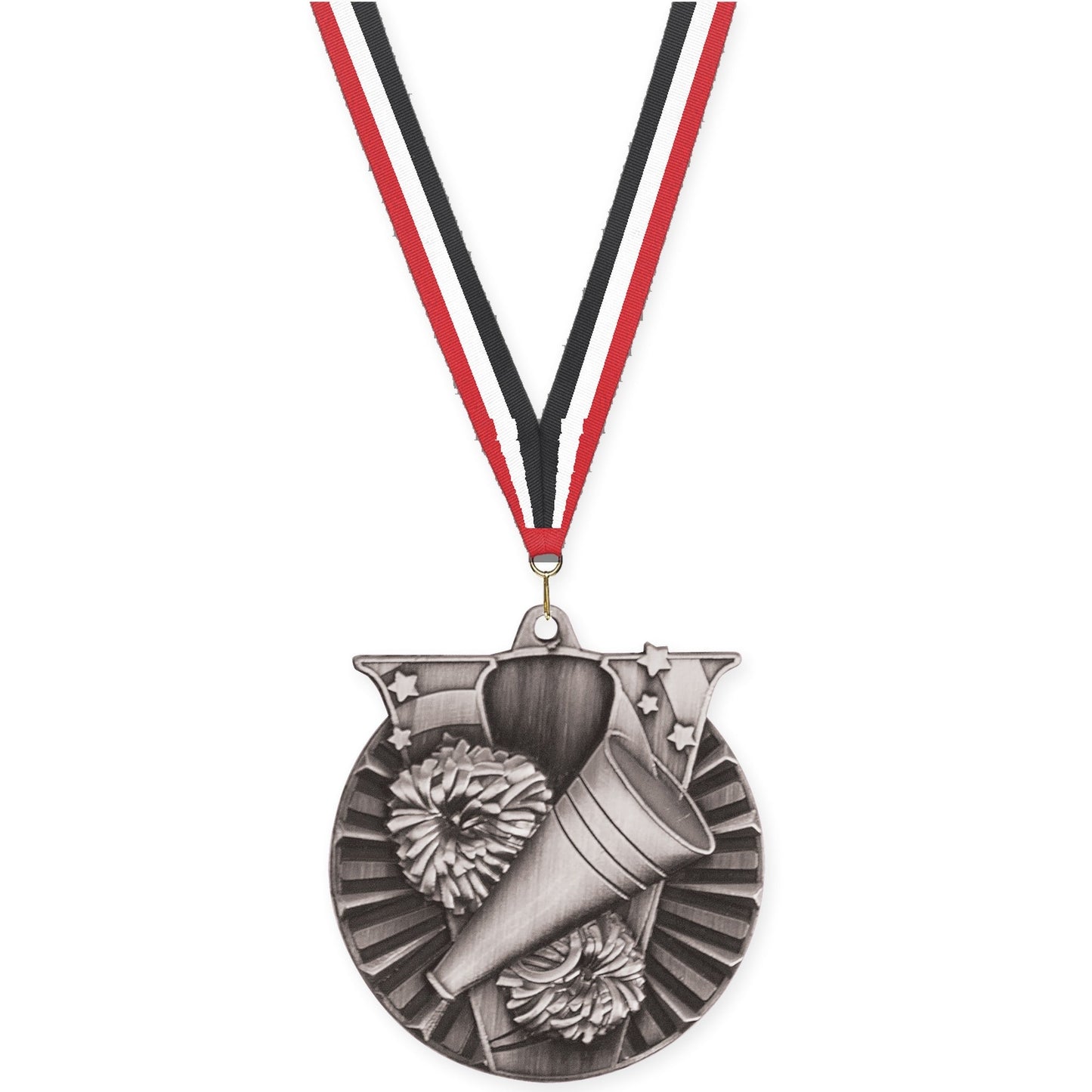 2 inch cheerleading Victory medal in antique silver with Red White Black neck ribbon
