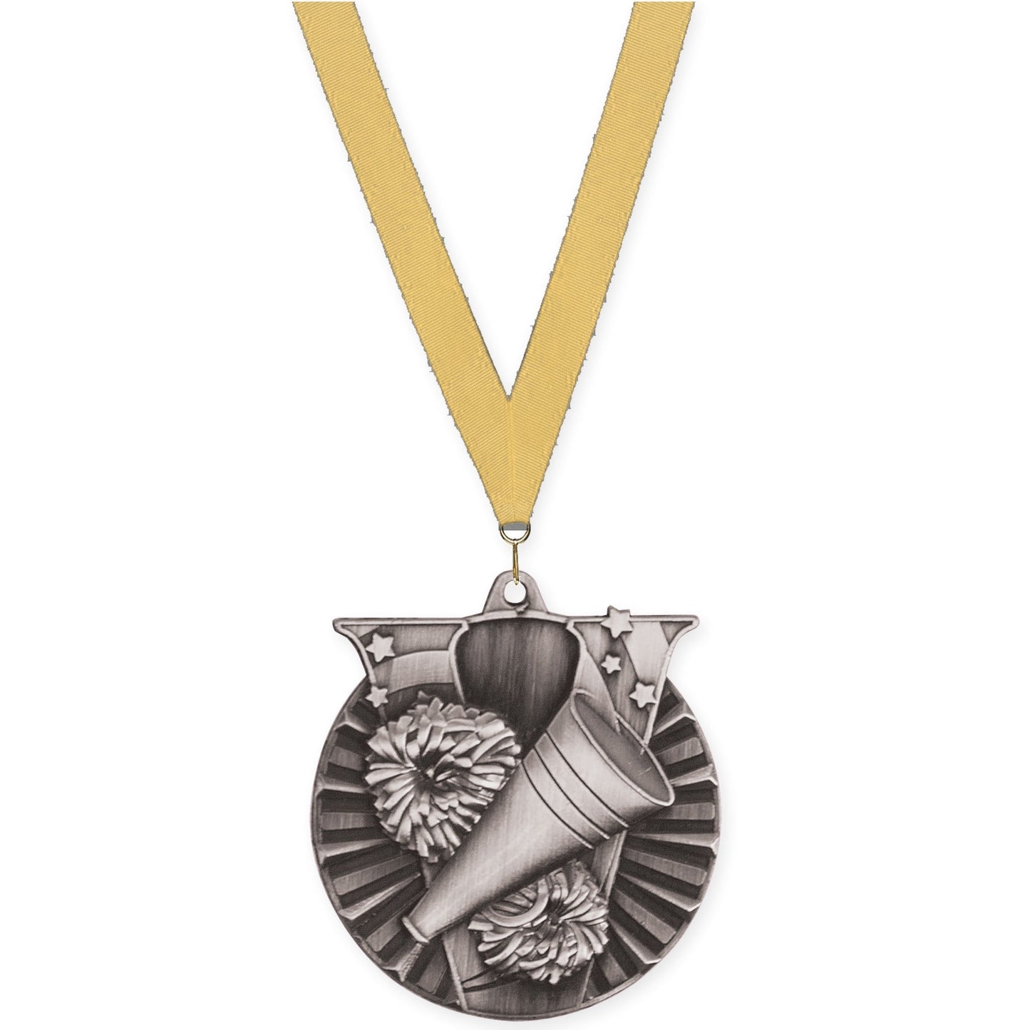2 inch cheerleading Victory medal in antique silver with Gold Metallic neck ribbon