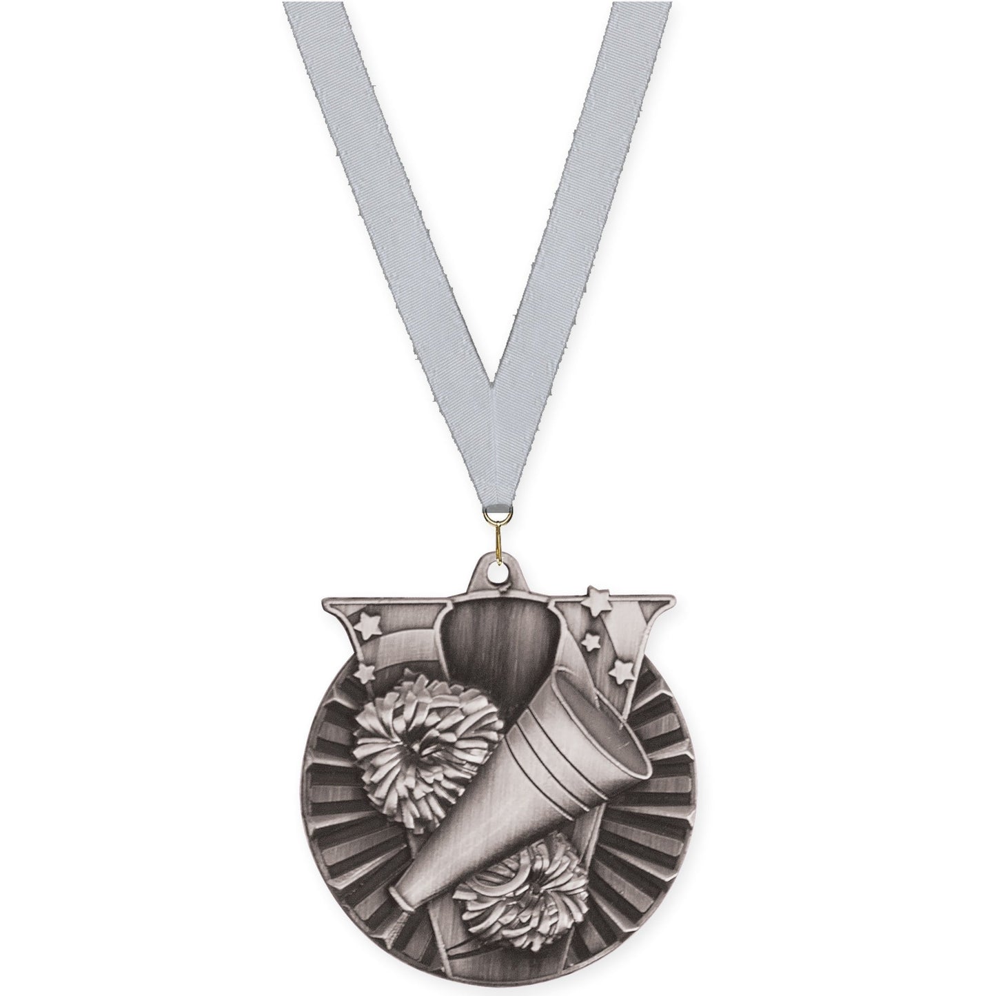 2 inch cheerleading Victory medal in antique silver with Silver Metallic neck ribbon