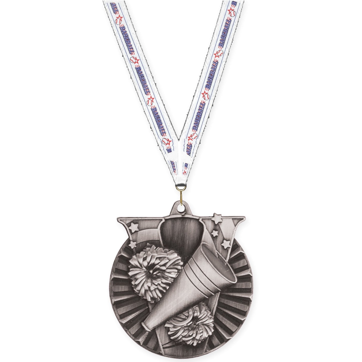 2 inch cheerleading Victory medal in antique silver with Baseball neck ribbon
