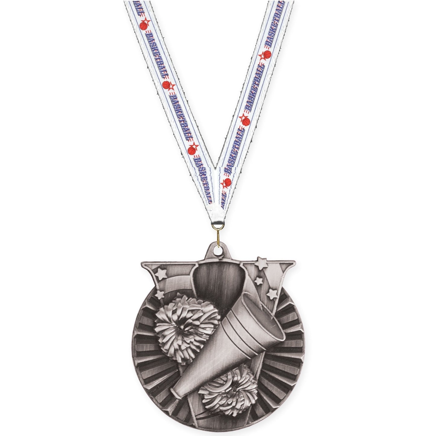 2 inch cheerleading Victory medal in antique silver with Basketball neck ribbon