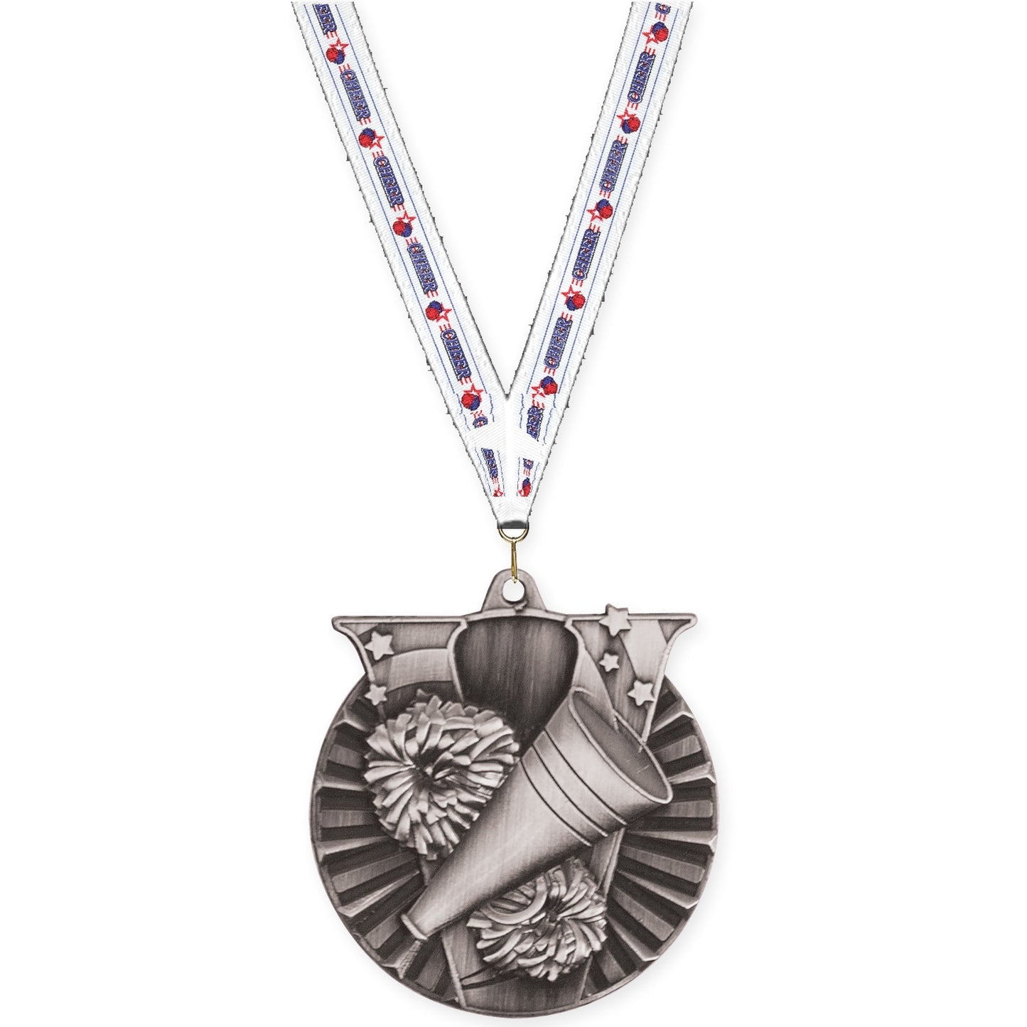 2 inch cheerleading Victory medal in antique silver with Cheerleading neck ribbon