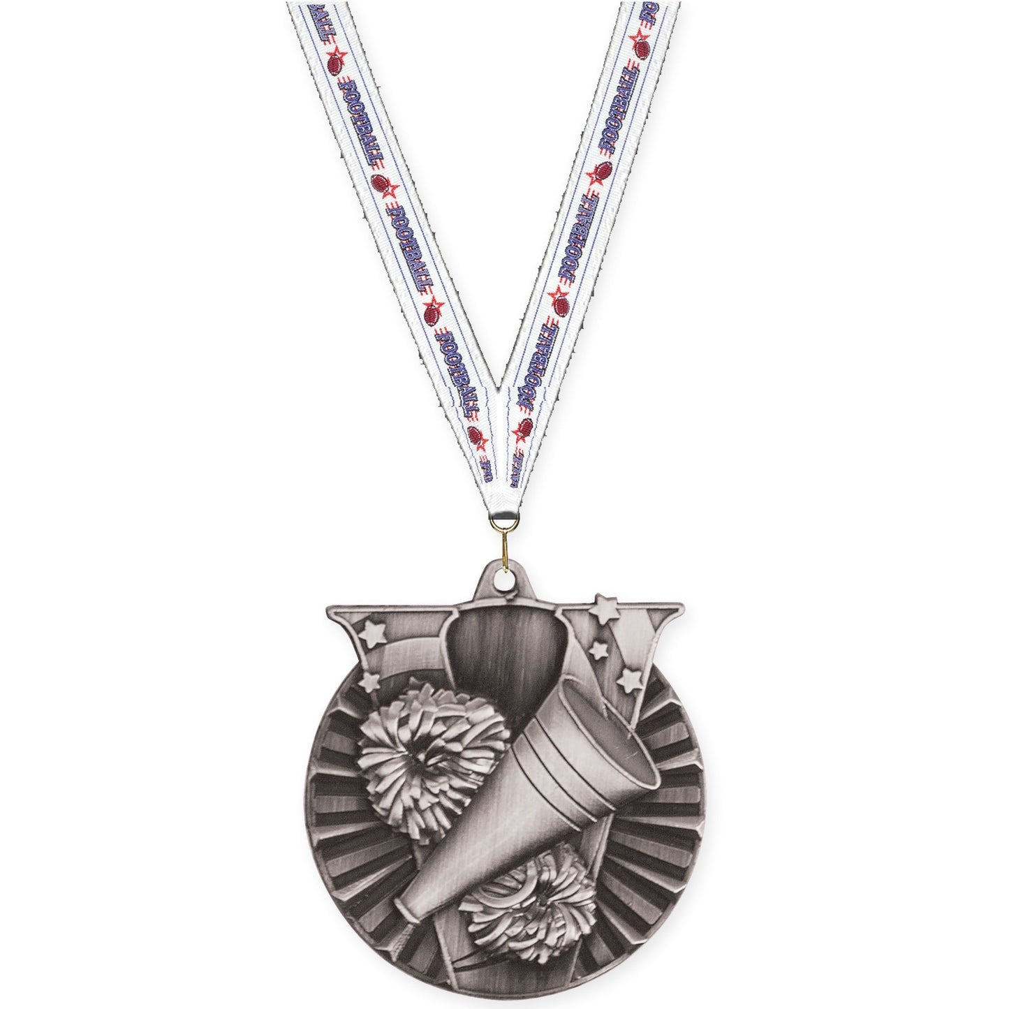 2 inch cheerleading Victory medal in antique silver with Football neck ribbon