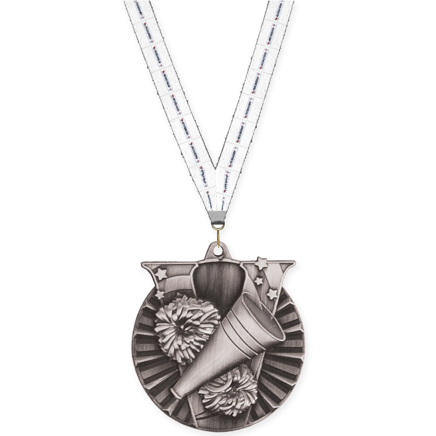 2 inch cheerleading Victory medal in antique silver with Gymnastics neck ribbon