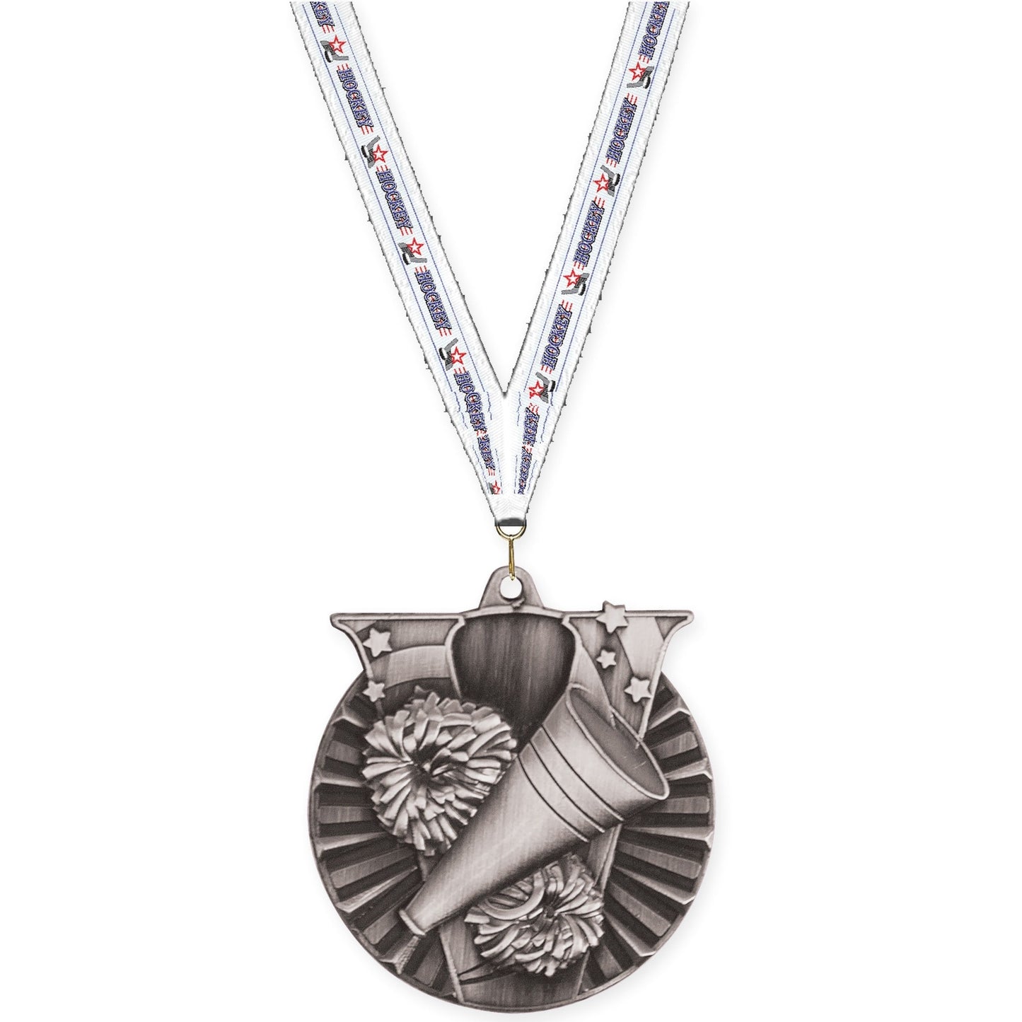 2 inch cheerleading Victory medal in antique silver with Hockey neck ribbon
