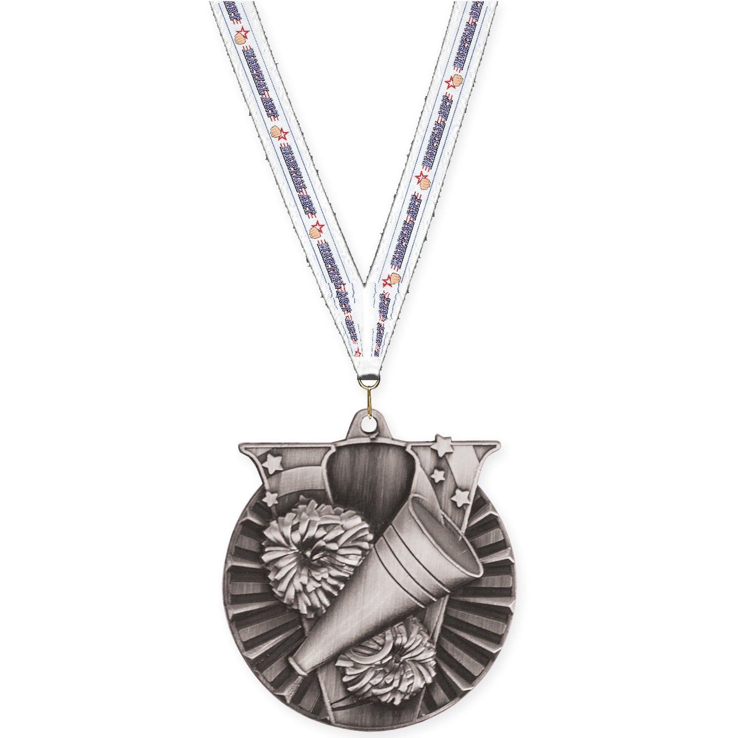 2 inch cheerleading Victory medal in antique silver with Martial Arts neck ribbon