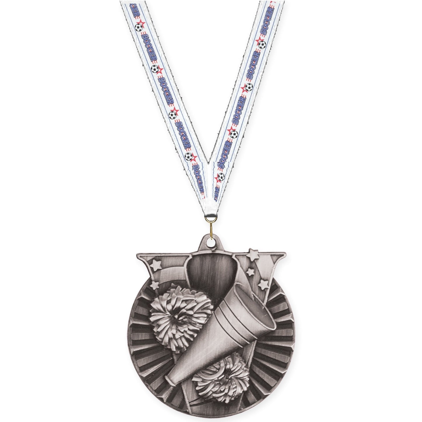 2 inch cheerleading Victory medal in antique silver with Soccer neck ribbon